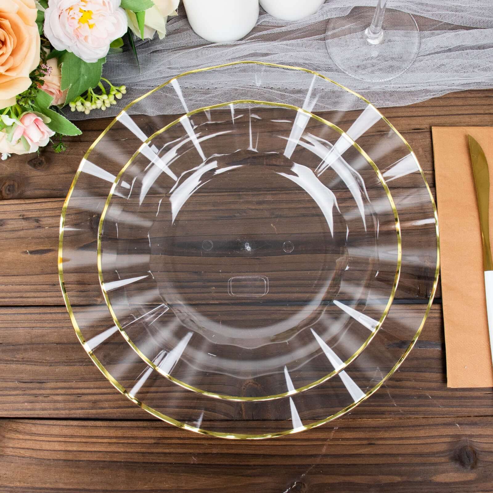 10-Pack Plastic 9 Round Dinner Plates in Clear Ruffled Rim with Gold Edging - Sturdy Disposable Dinnerware