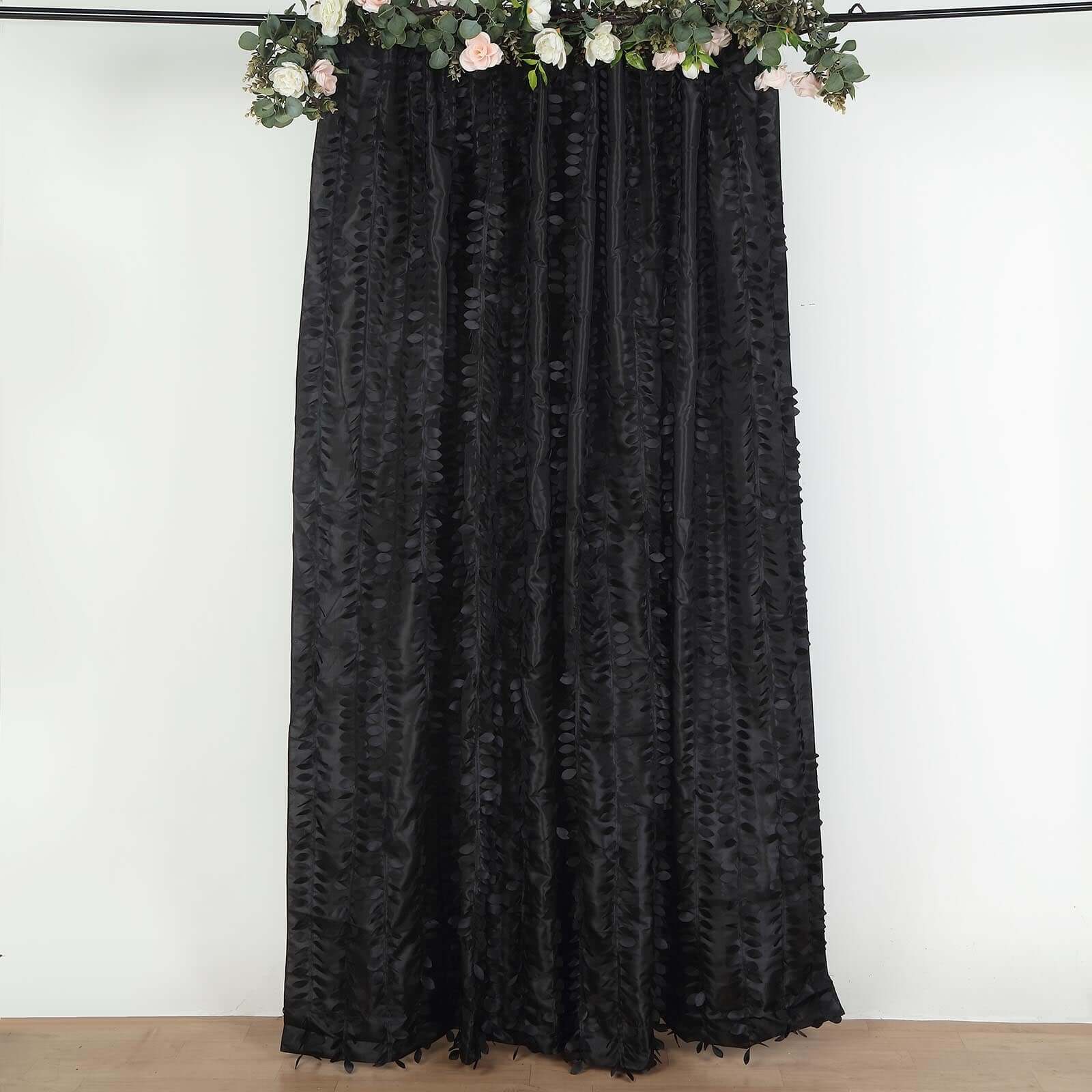 8ftx8ft Black 3D Leaf Petal Taffeta Event Curtain Drapes, Backdrop Event Panel With Rod Pocket