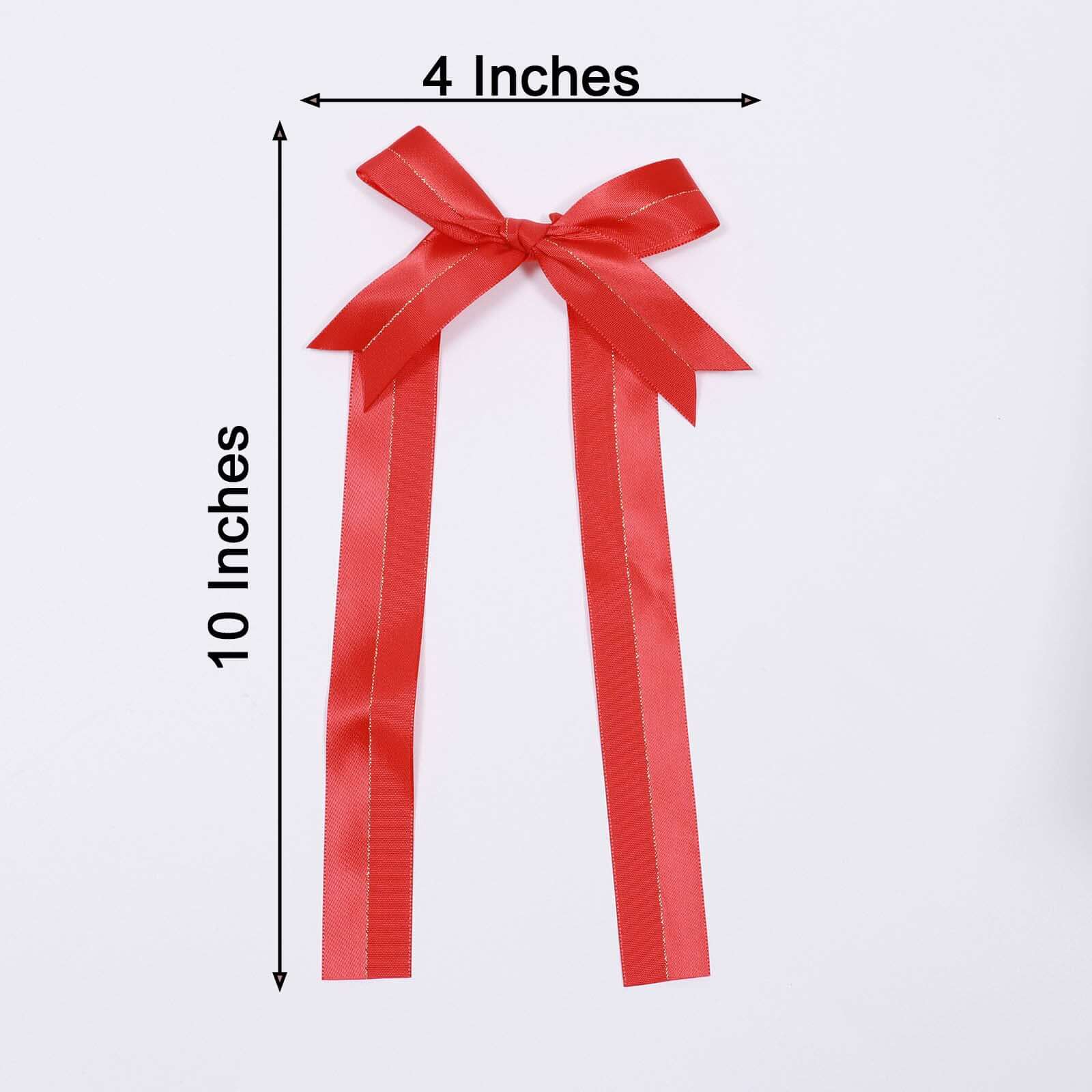 50 Pcs 10 Red Pre Tied Ribbon Bows, Satin Ribbon With Gold Foil Lining For Gift Basket and Party Favors Decor