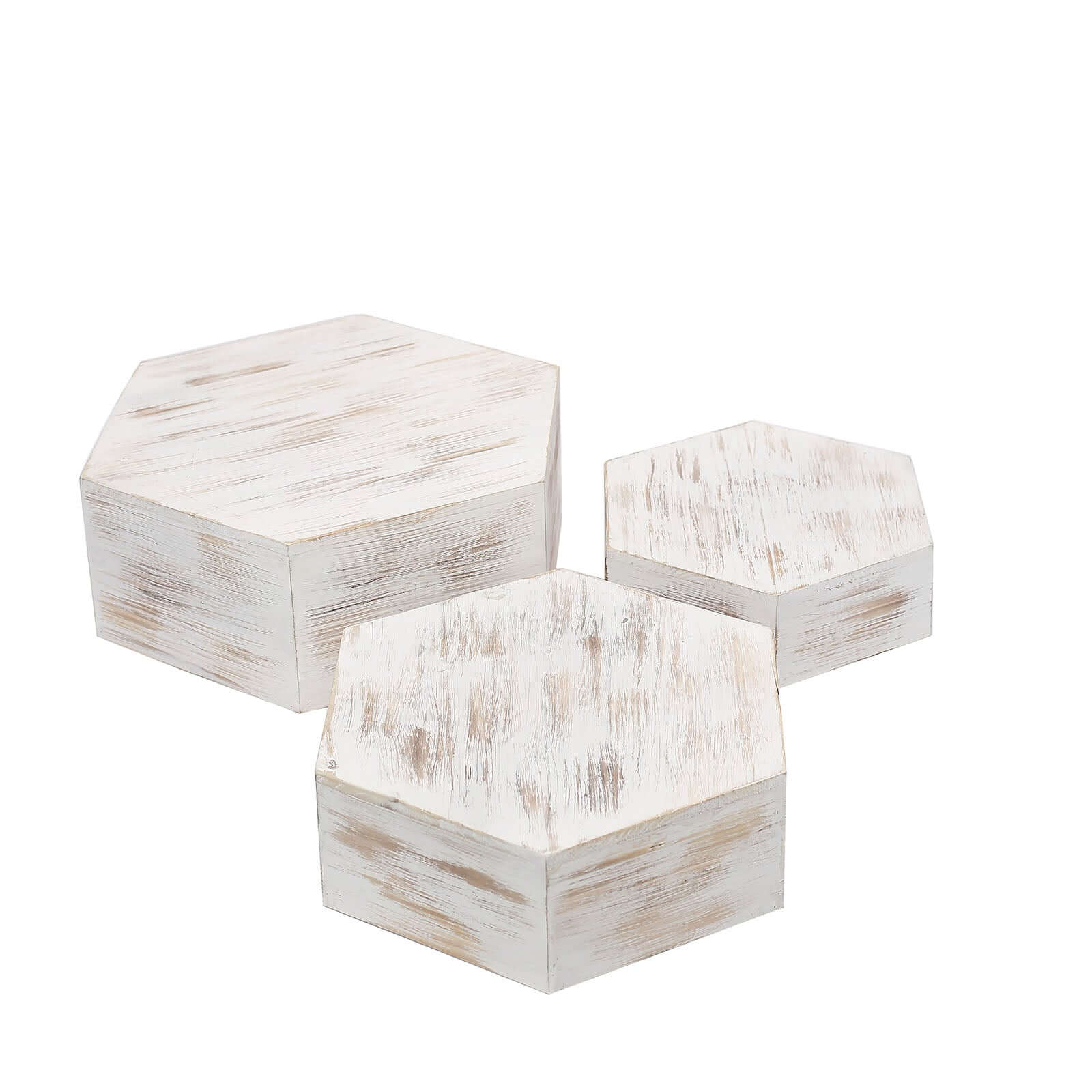 Set of 3 Wooden Dessert Display Boxes Whitewashed Hexagonal Design - Stackable Riser Cake Stand 9, 11, 13