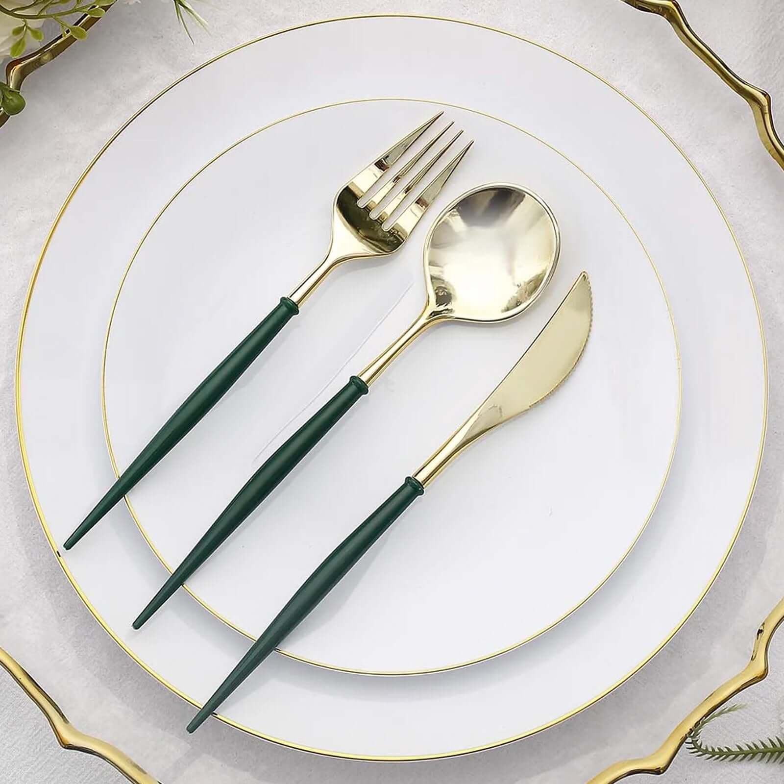 24-Pack Plastic Flatware Set in Metallic Gold with Hunter Emerald Green Handle - Heavy Duty Disposable Modern Silverware 8