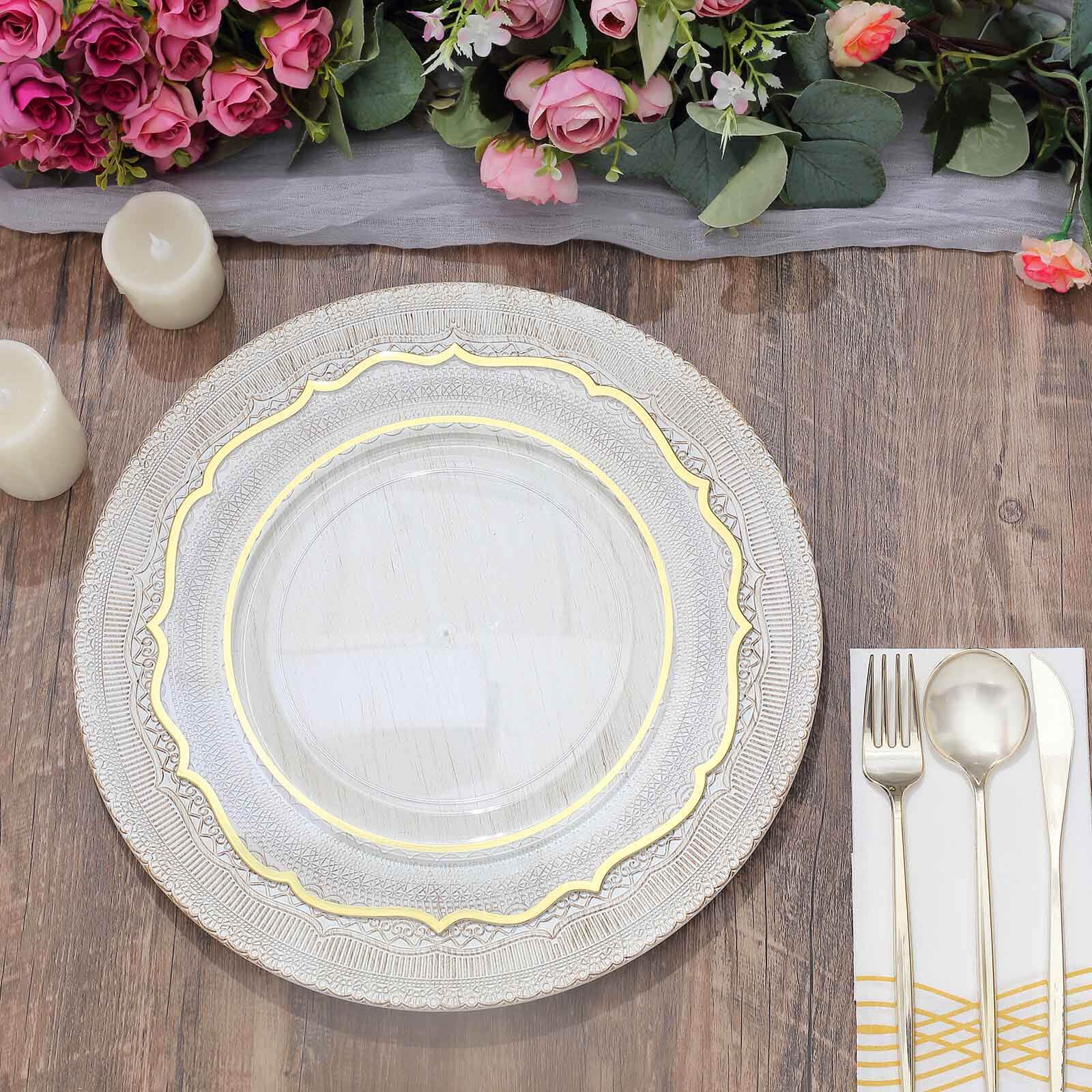 6-Pack Acrylic Round Charger Plates 13 in White with Lace Embossed Rim, Rustic Plastic Decorative Charger Tableware