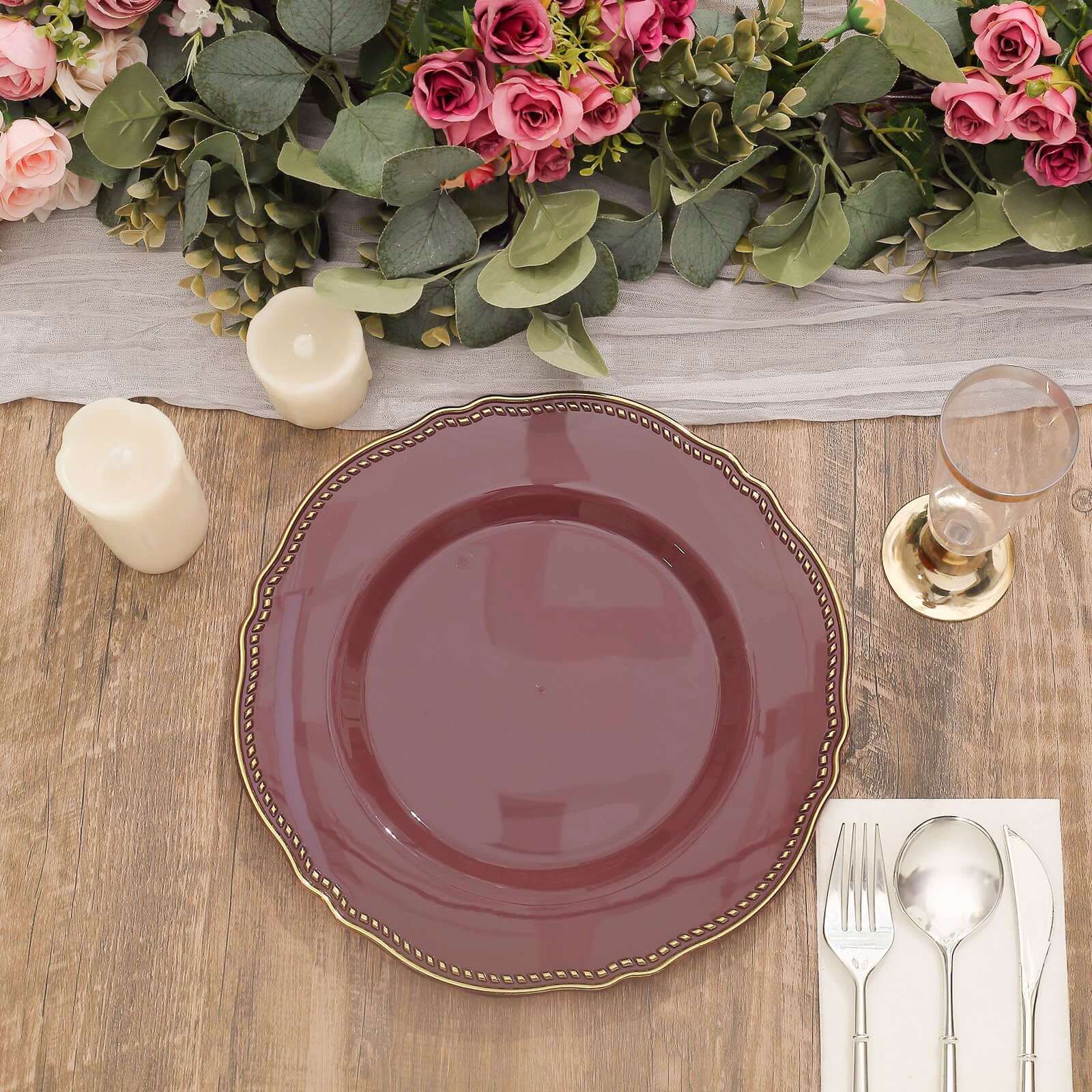 10-Pack Plastic 10 Dinner Plates in Cinnamon Rose with Gold Scalloped Rim - Disposable Large Party Plates