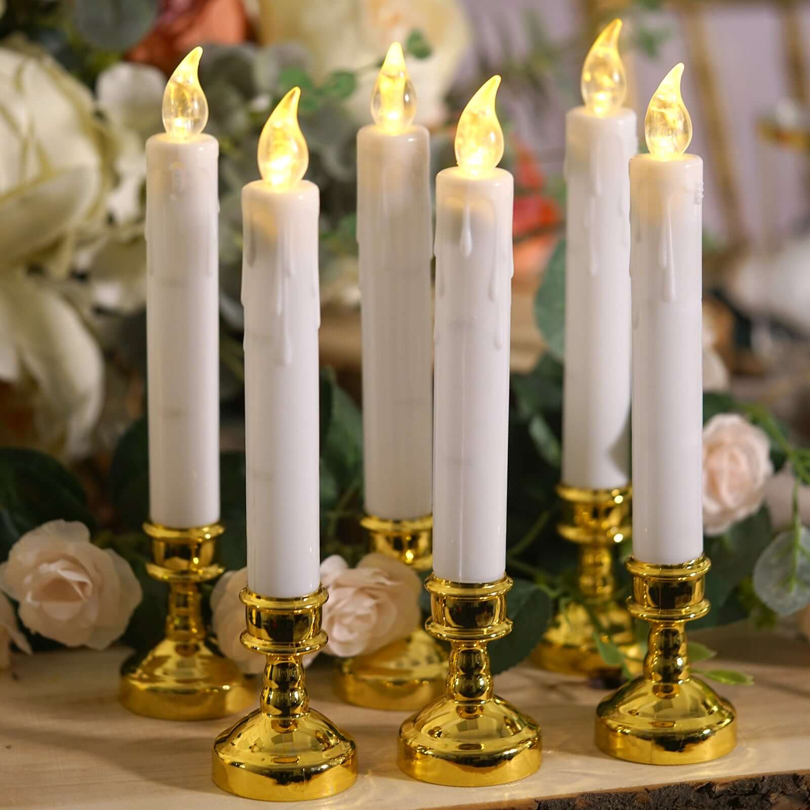 Set of 6 LED Window Candles Flickering White - Battery Operated Taper Candles with Gold Holders 10