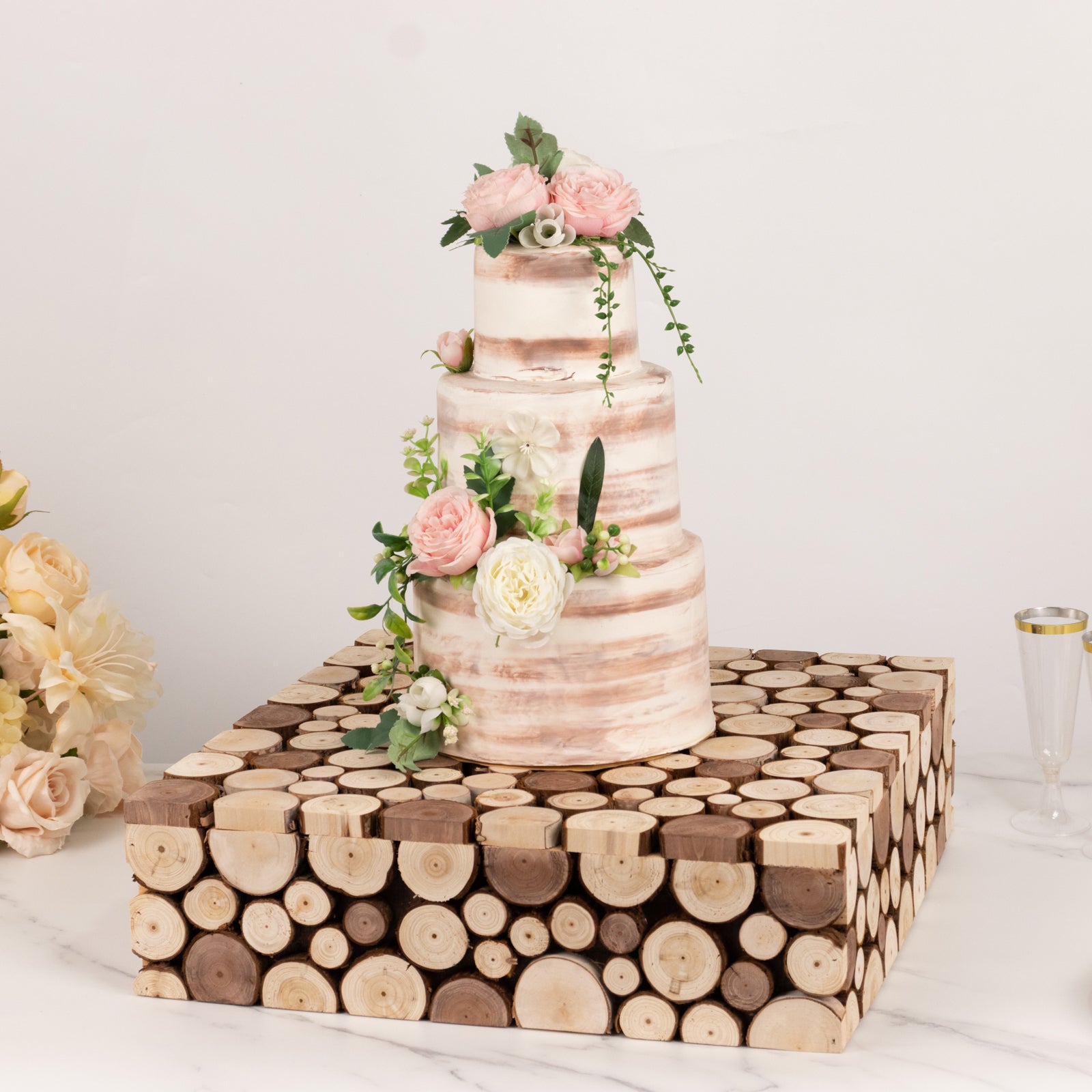 Wooden Cake Stand 18x18 Square Design Rustic Natural Slices - Farmhouse Display Box Pedestal Riser