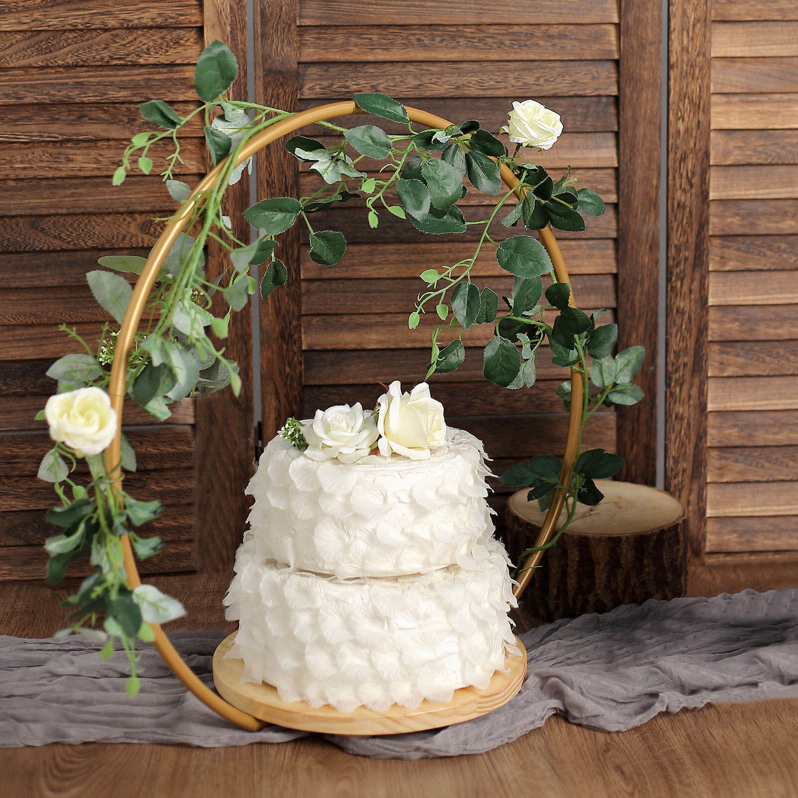 Metal Round Floral Hoop Cake Stand Gold - Chic Geometric Dessert Display DIY Centerpiece Table Decoration With Wooden Base 20