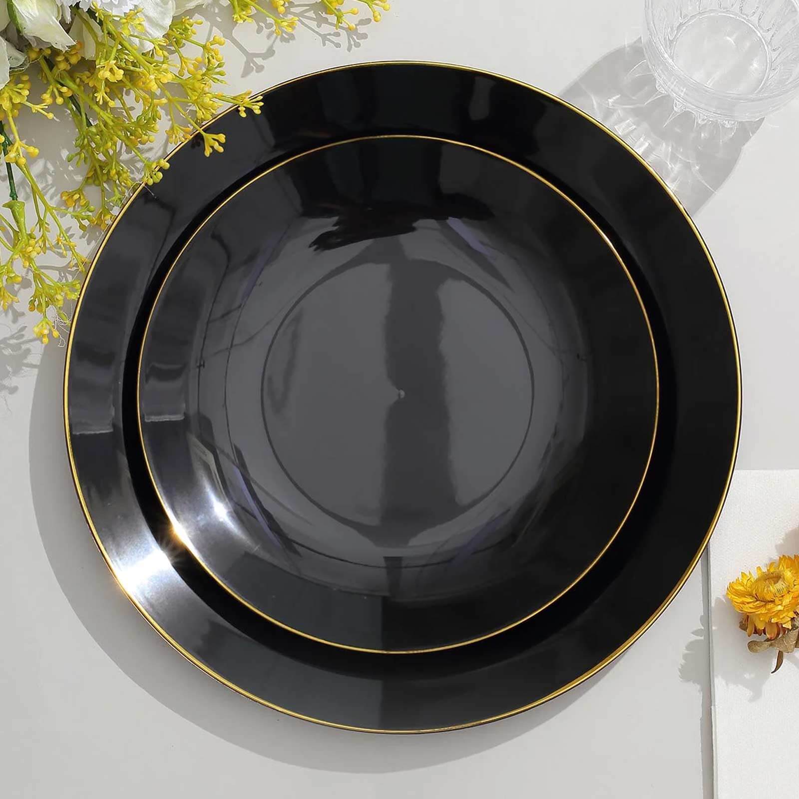 10-Pack Plastic 8 Round Dessert Plates in Black with Gold Rim - Glossy Disposable Appetizer Salad Plates