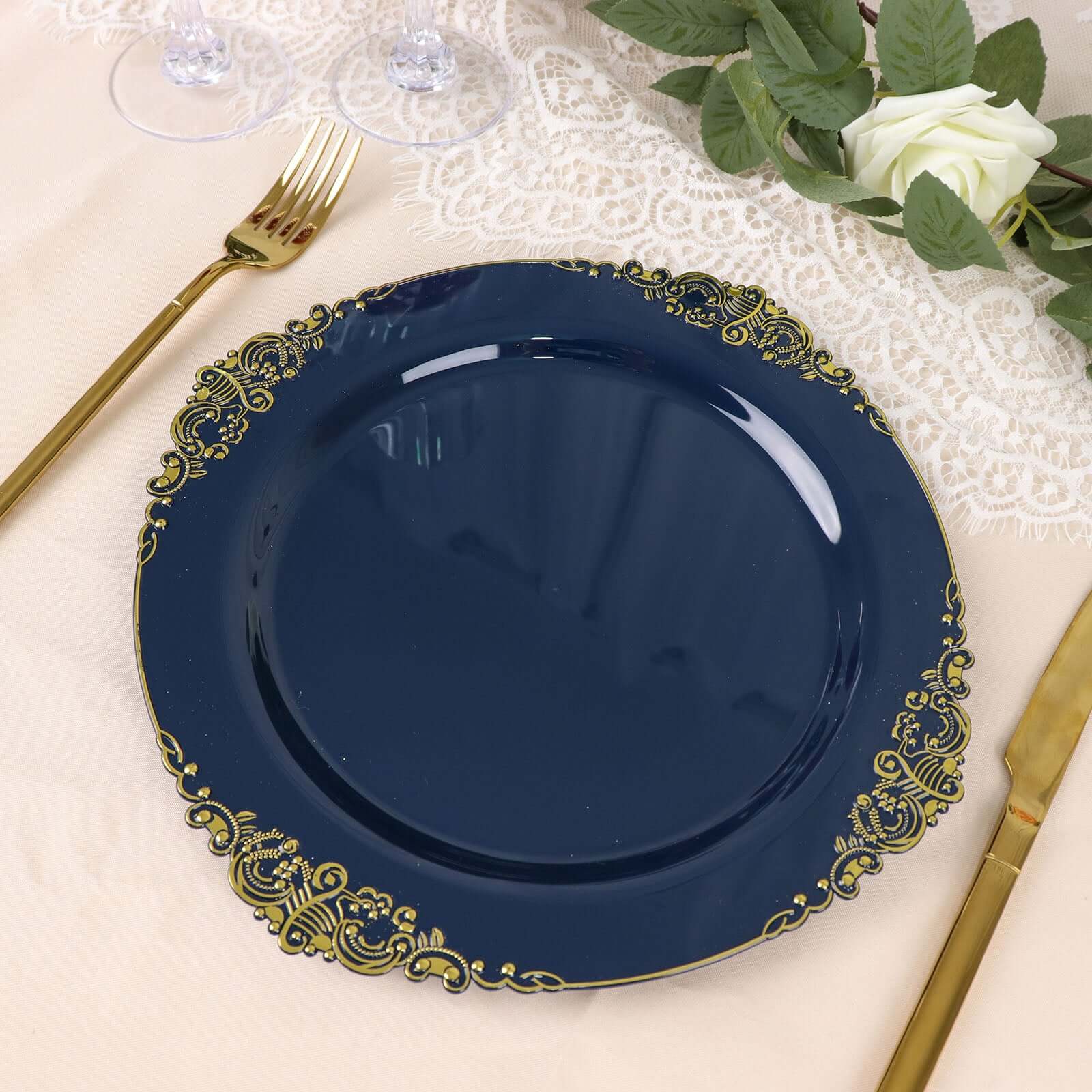 10-Pack Plastic 10 Round Dinner Plates in Navy Blue with Gold Leaf Embossed Rim - Disposable Vintage Baroque Style Plates