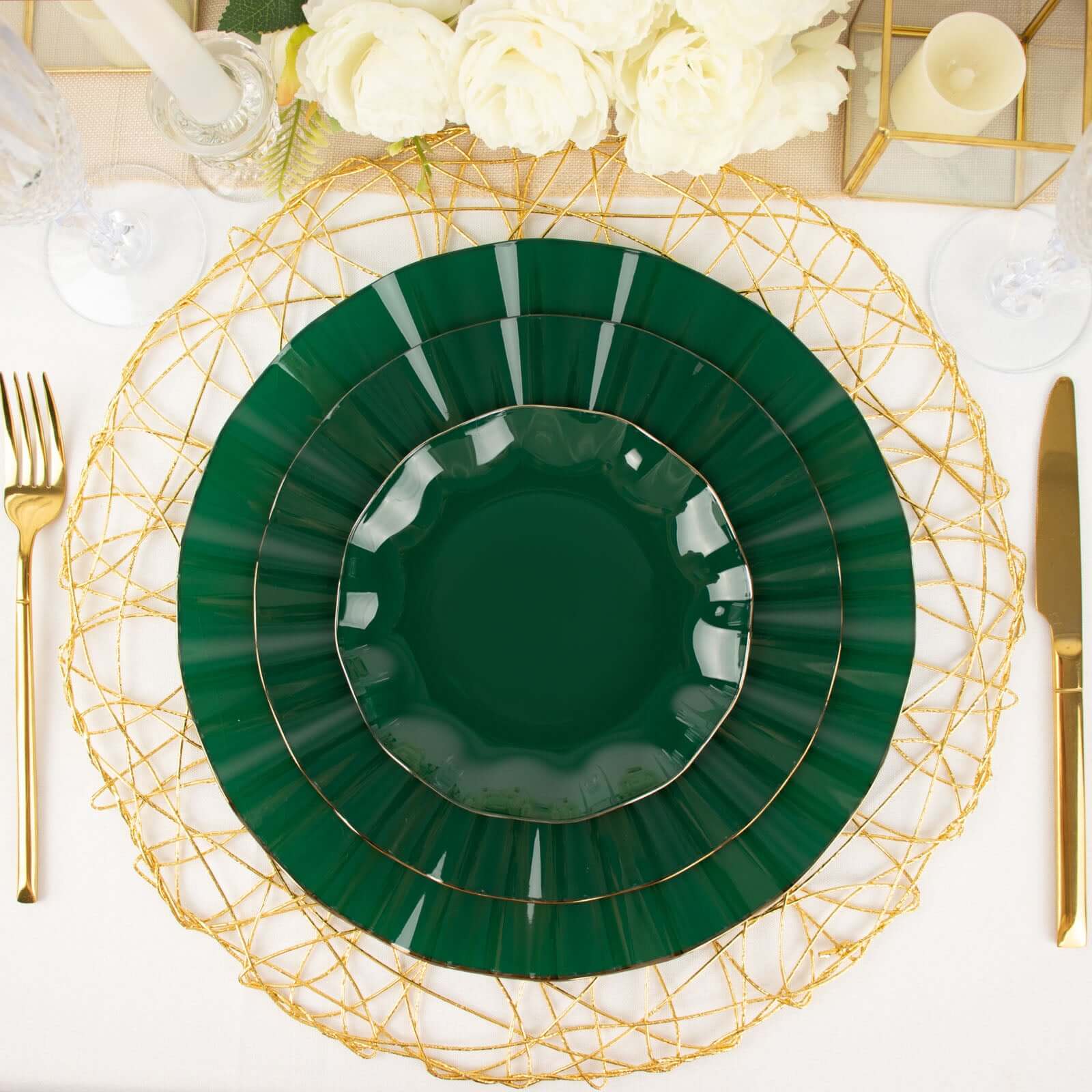 10-Pack Plastic Round 6 Dessert Plates in Hunter Emerald Green Ruffled Rim with Gold Edging - Sturdy Disposable Salad Appetizer Dinnerware