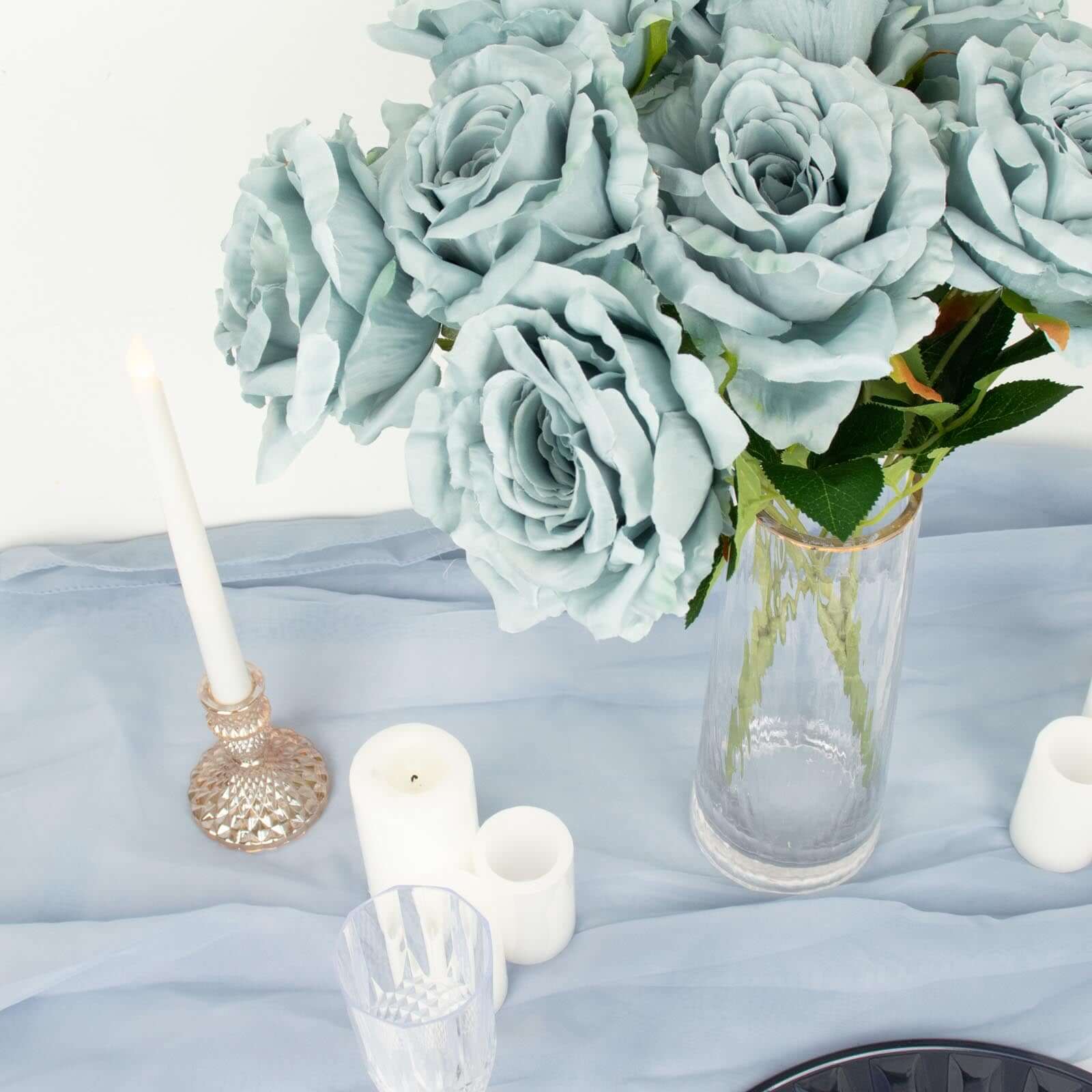 2 Bushes 17 Dusty Blue Premium Silk Jumbo Rose Flower Bouquet, High Quality Artificial Wedding Floral Arrangements