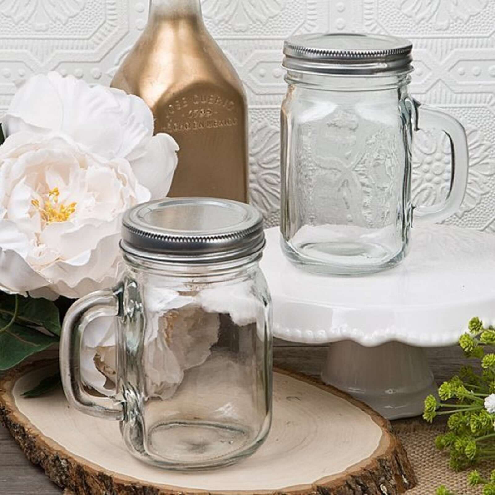 12-Pack Glass Mason Jars Rustic Design Clear with Handles and Silver Screw-On Lids - Trendy Containers for Drinks & Events 4oz