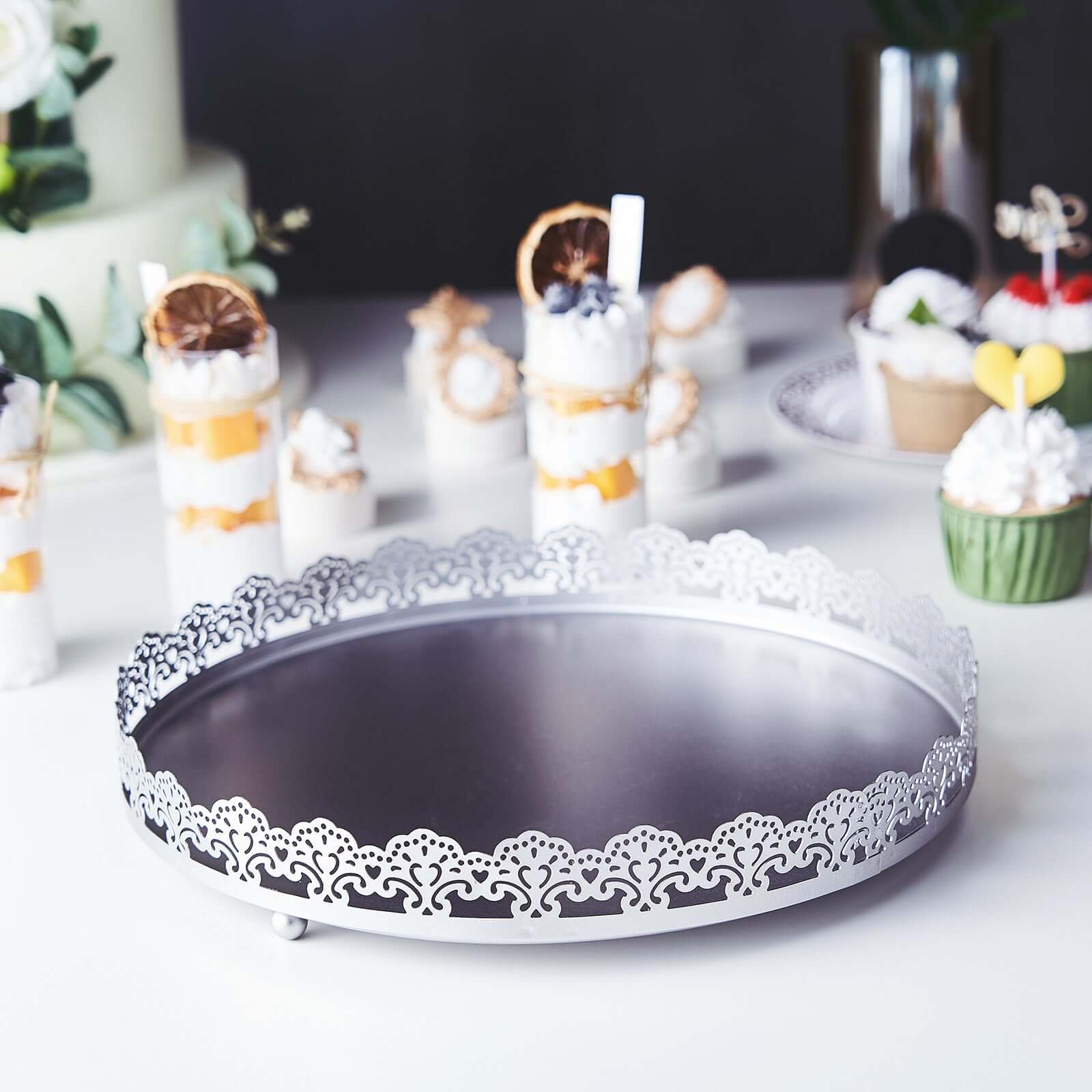 Metal Round Serving Tray 12 in Silver with Embellished Rims, Stylish Decorative Vanity Tray Centerpiece