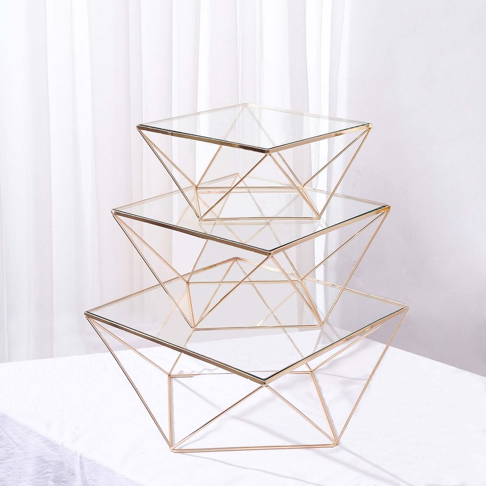 Set of 3 Metal Cake Dessert Stands Geometric Stackable Design Gold with Square Glass Top - Pedestal Display Centerpieces