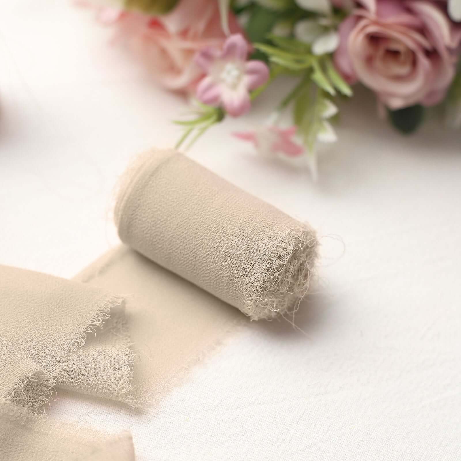 2 Pack 6yds Nude Silk-Like Chiffon Ribbon Roll, DIY Wedding Bouquet Linen Wrap