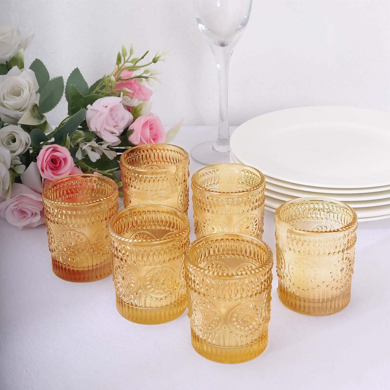 6-Pack Glass Candle Holders Amber Gold Primrose Design - Votive Tealight Holders for Weddings