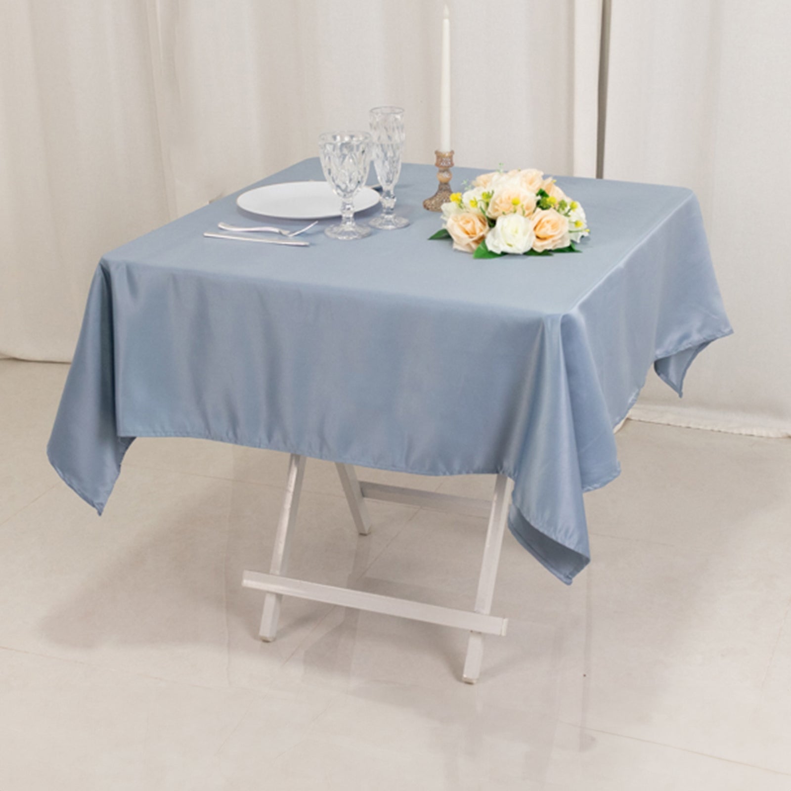 Lamour Satin 54x54 Table Overlay Square Tablecloth Dusty Blue - Durable & Silk-Like Table Cover