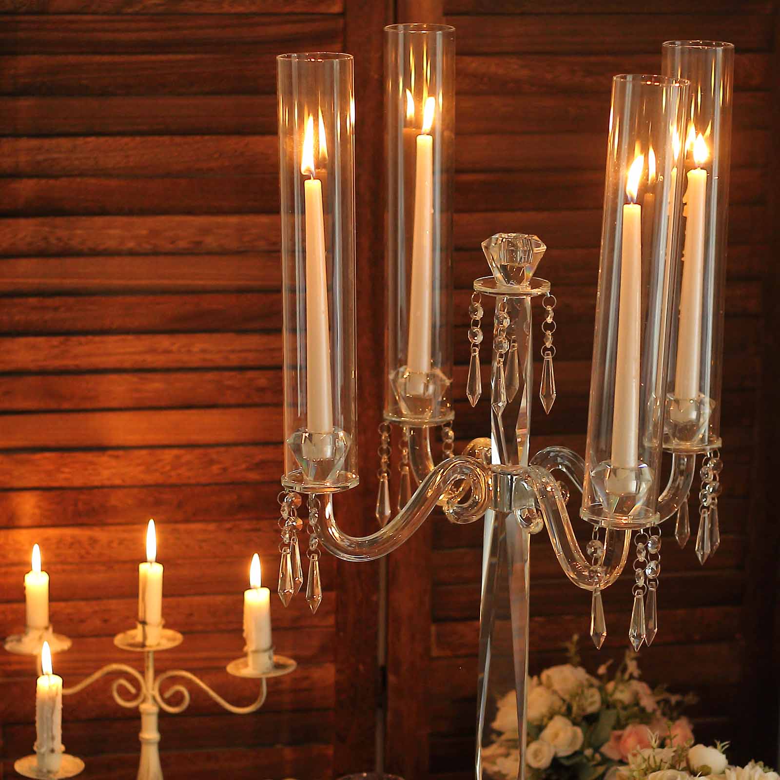 4 Arm Crystal Glass Taper Candle Holder Candelabra, Decorative Table Centerpiece With Chandelier Chains 36