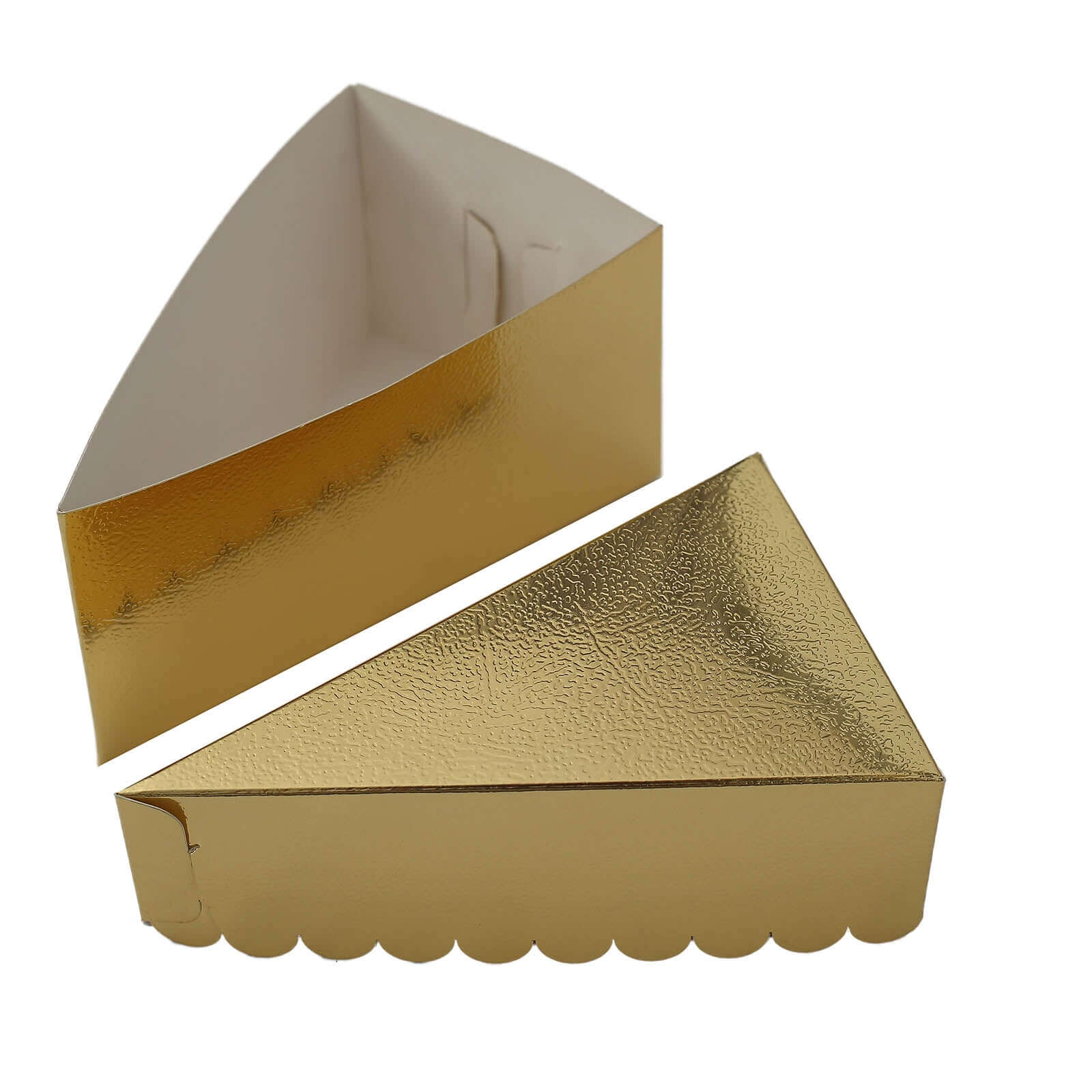 10-Pack Cardstock Triangle Cake Slice Boxes Metallic Gold with Scalloped Top - Decorative Takeaway Dessert Containers for Pie Snacks & Party Favors 5x3