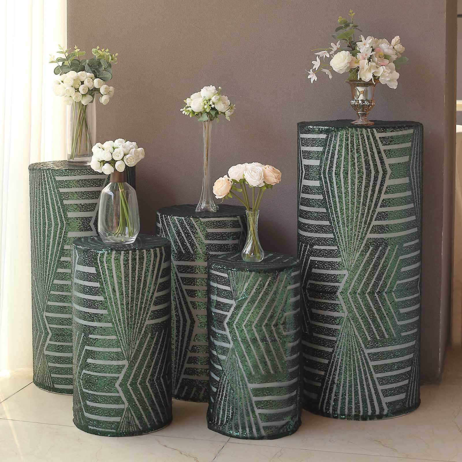 Set of 5 Hunter Emerald Green Sequin Mesh Cylinder Pedestal Stand Covers with Geometric Pattern Embroidery, Sparkly Sheer Tulle Pillar Prop Covers