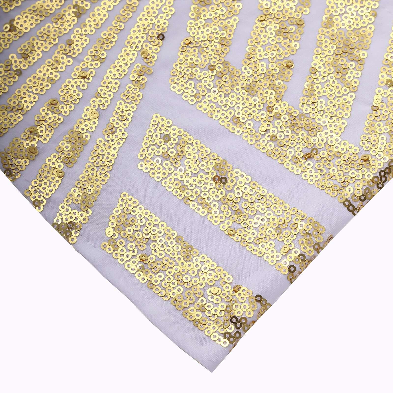 5 Pack Sequin Spandex Chair Sash White with Gold Geometric Diamond Glitz Pattern - Durable & Easy To Use Stretchable Chair Bands for High-End Gatherings