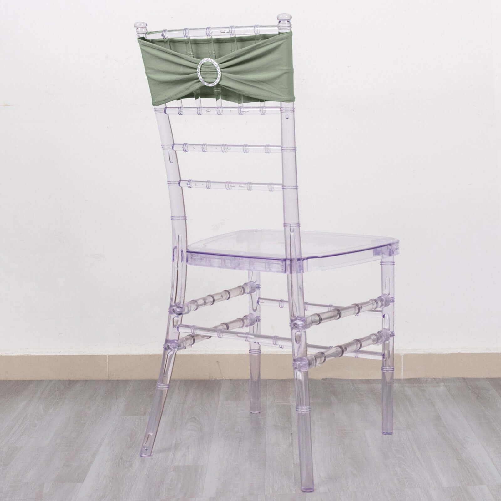 5 Pack Stretch Spandex Chair Sashes Sage Green - Reusable Chair Bands with Silver Diamond Ring Slide Buckle 5x14