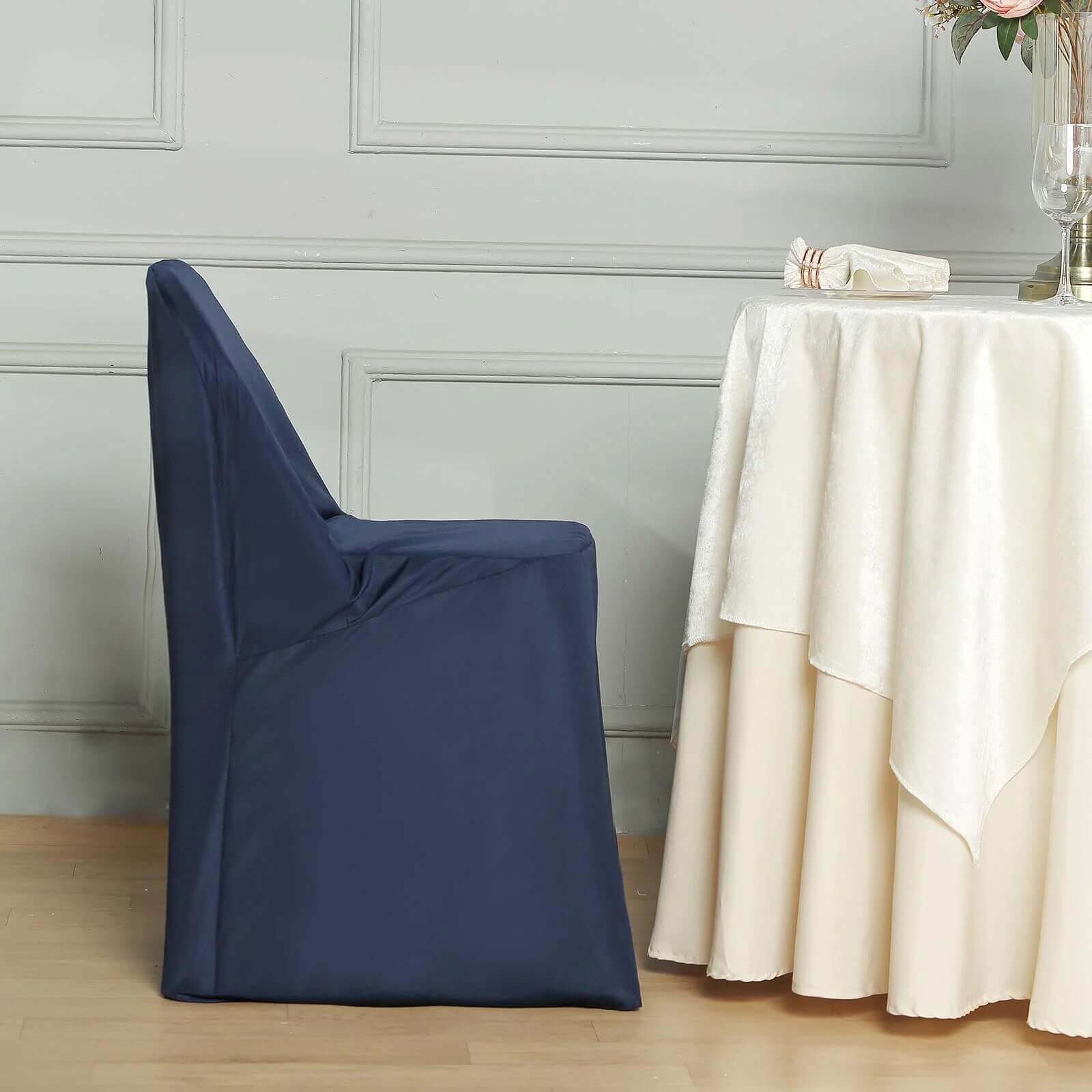 10 Pack Polyester Chair Covers for Folding Chairs Navy Blue - Wrinkle-Free Stain-Resistant Slip-On Slipcovers