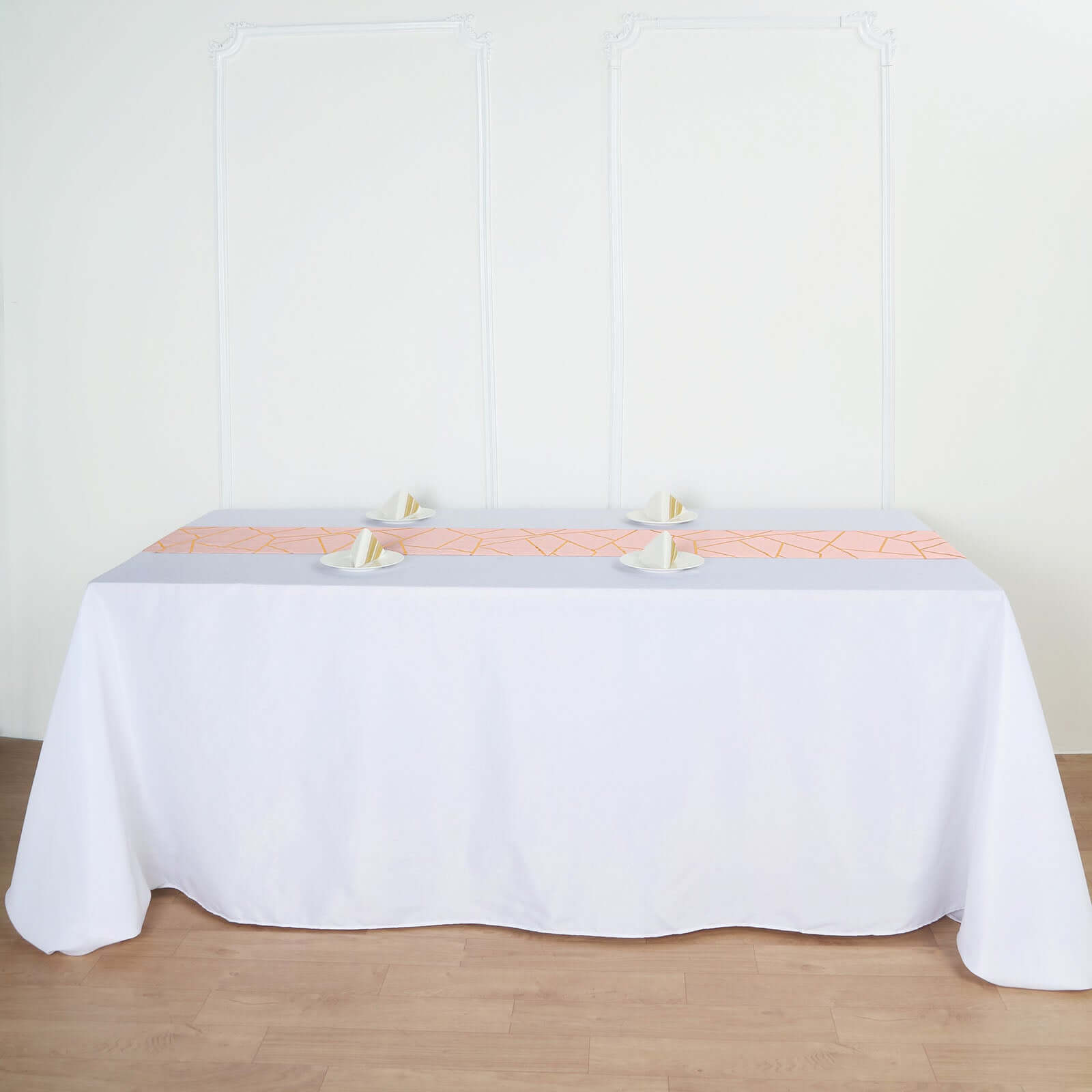 Polyester 9ft Table Runner Blush with Gold Foil Modern Geometric Accent