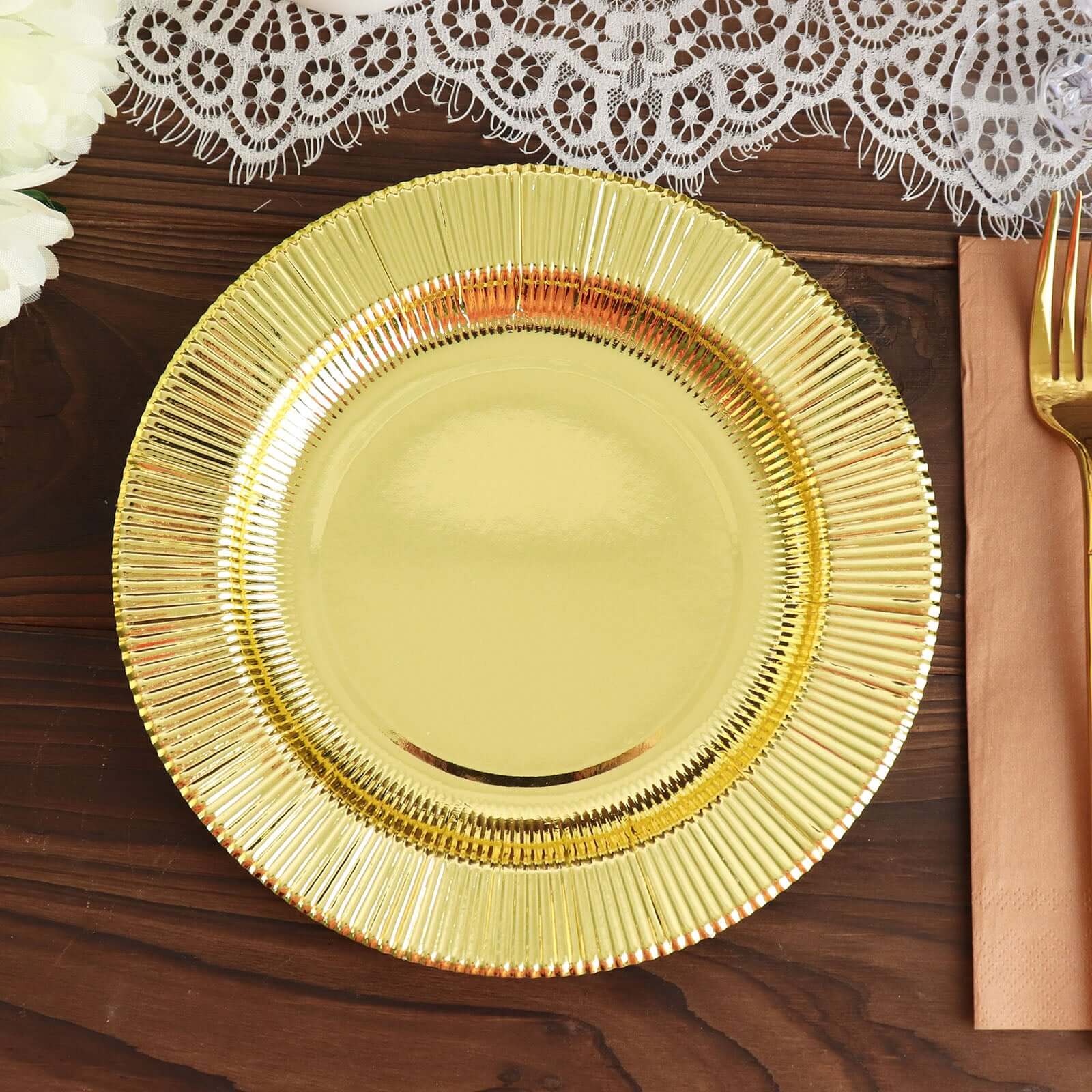 25-Pack Paper 8 Round Dessert Plates in Metallic Gold Sunray Design - Disposable Heavy Duty 350GSM Appetizer Salad Plates