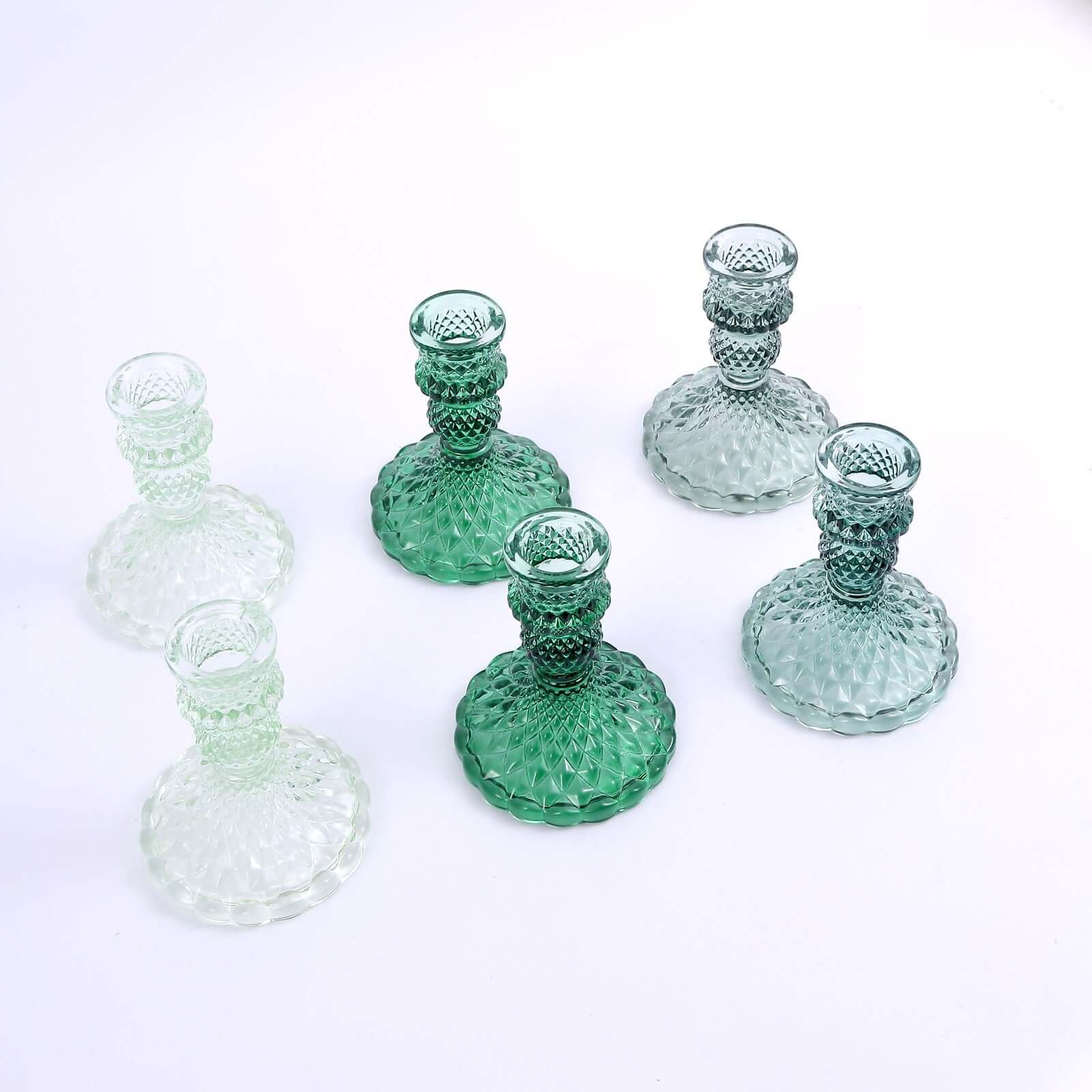 6-Pack Glass Taper Candlestick Holders Diamond Pattern Design Assorted Green - Reversible Crystal Pillar Votive Stands 4