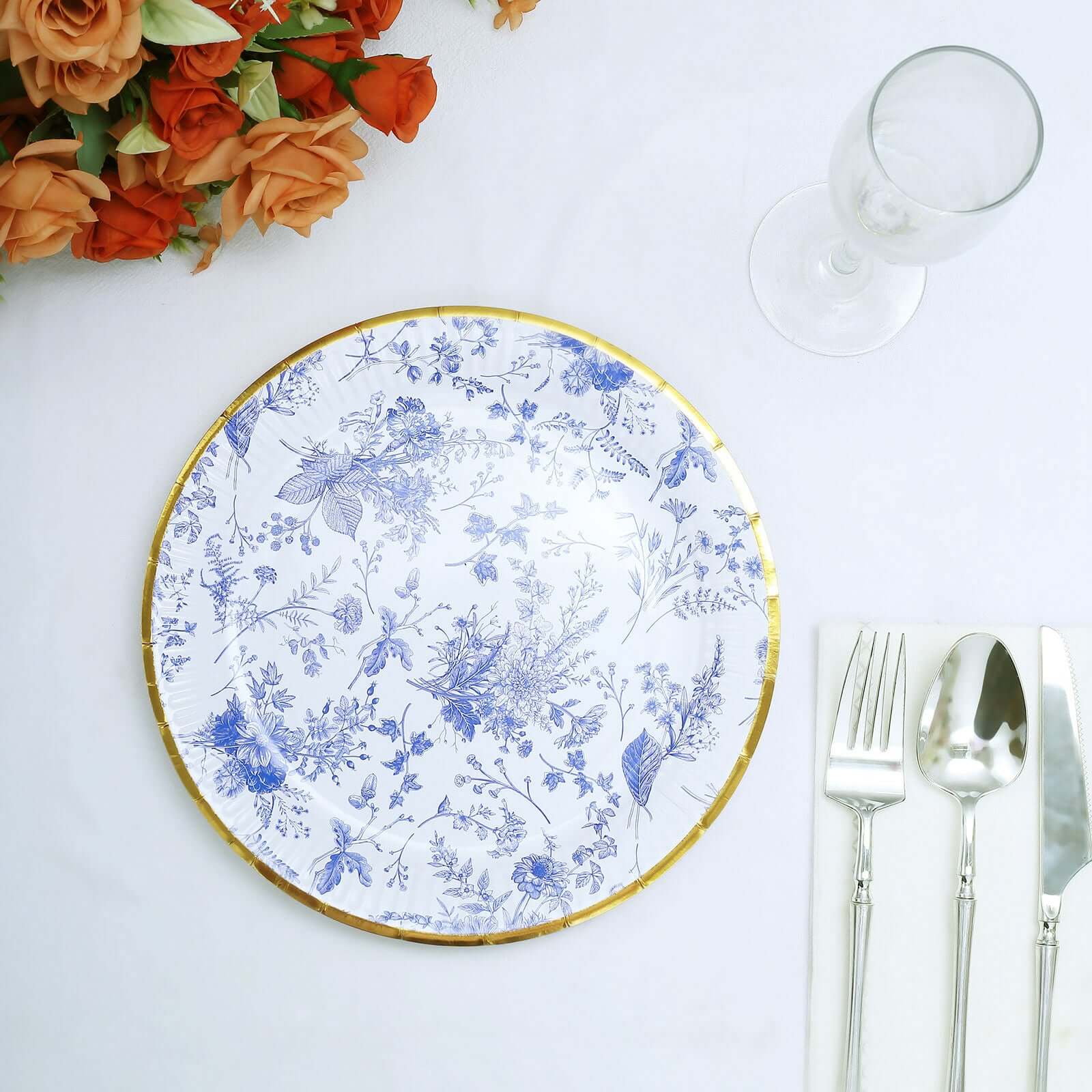 25-Pack Paper 9 Round Dinner Plates in White with Light Blue French Toile Pattern & Gold Rim - Disposable Party Plates for Picnics & Chic Brunches