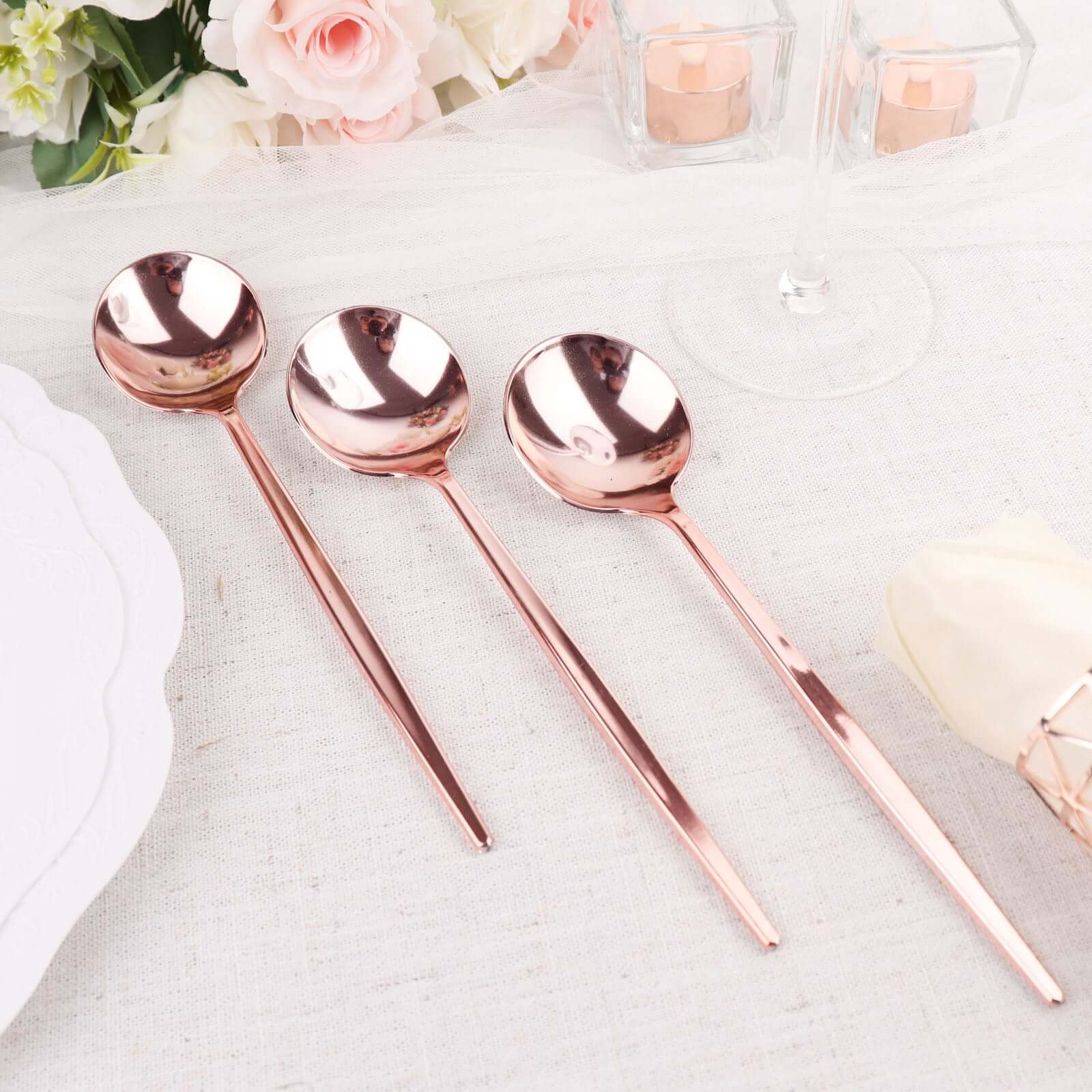 24-Pack Plastic Spoons Glossy Rose Gold - Premium Heavy Duty Disposable Silverware 8