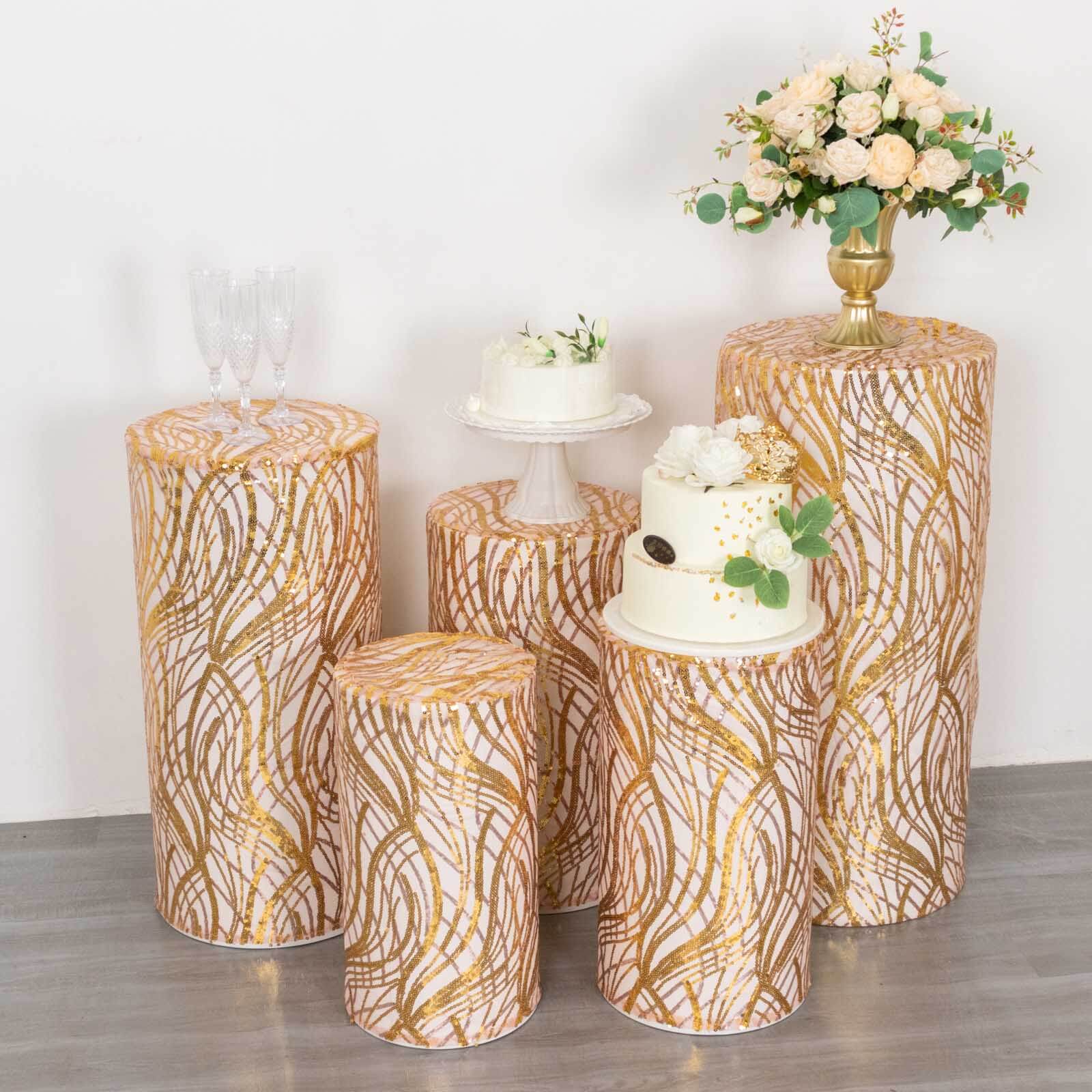 Set of 5 Rose Gold Wave Mesh Cylinder Pedestal Stand Covers with Embroidered Sequins, Pillar Prop Covers - 160 GSM