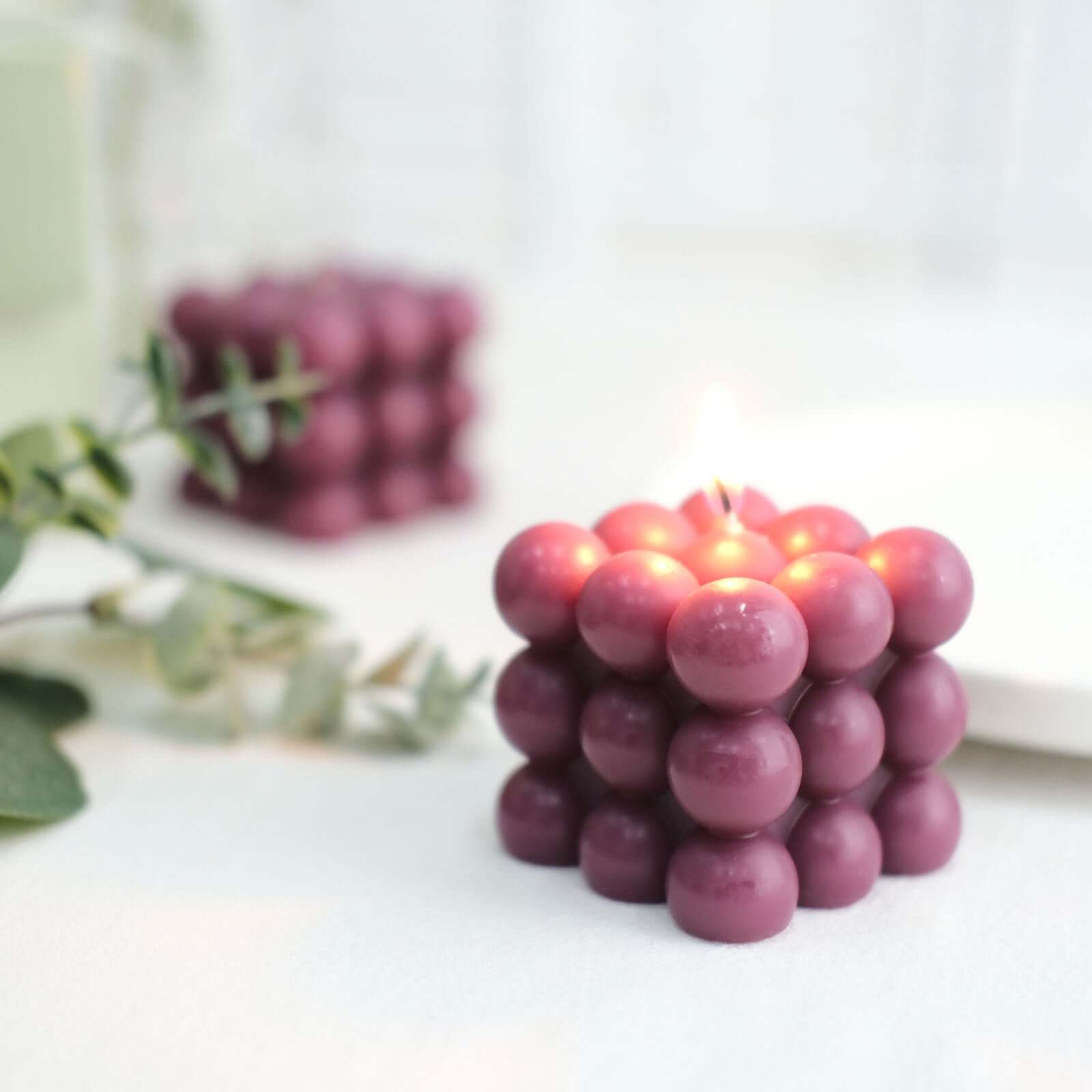 2-Pack Decorative Paraffin Wax Candles Bubble Cube Design Burgundy - Unscented Long Burning Pillar Candle Set 2