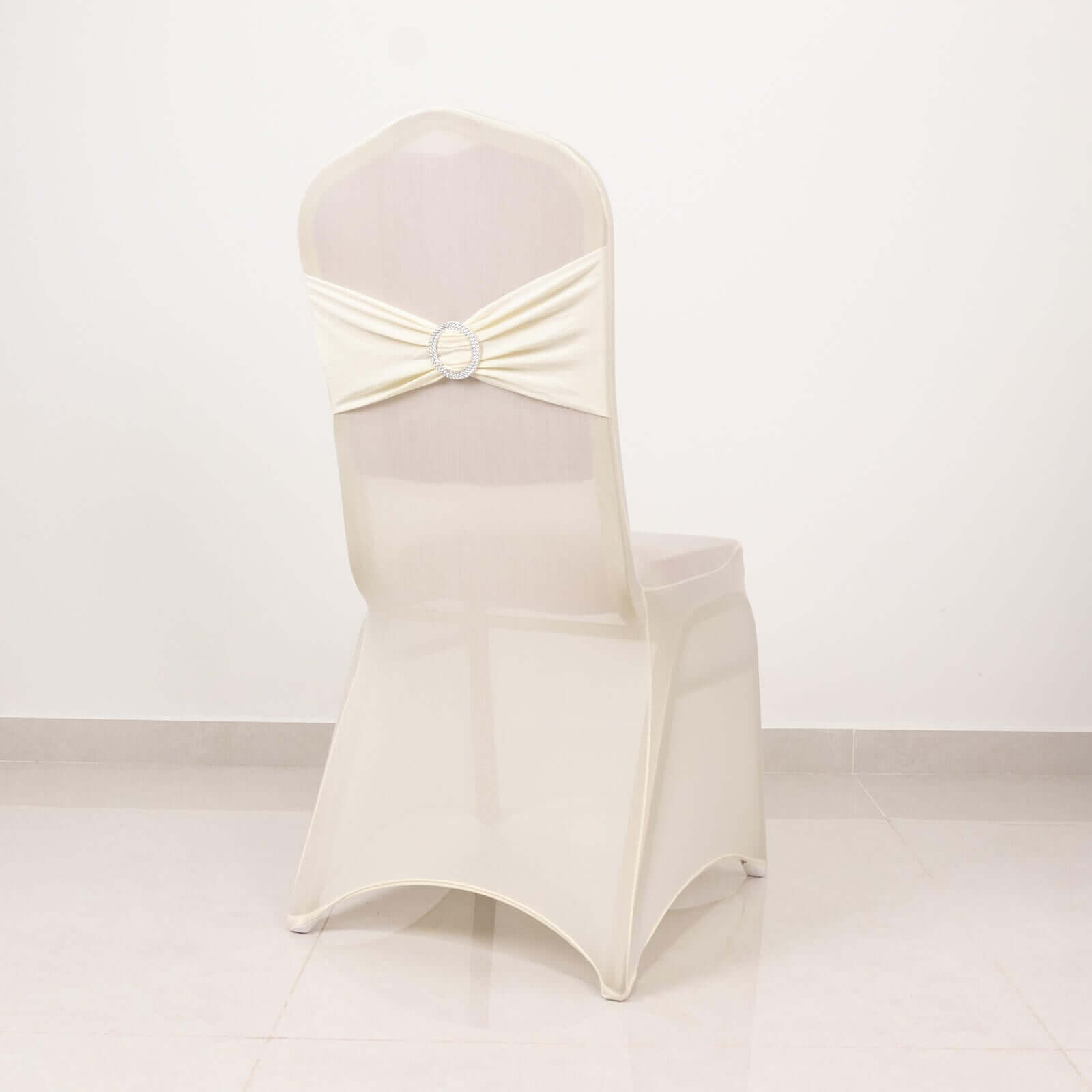 Spandex Chair Cover with Ivory Rhinestone Buckled Sash Band Blush - Stretch Fitted Slipcover