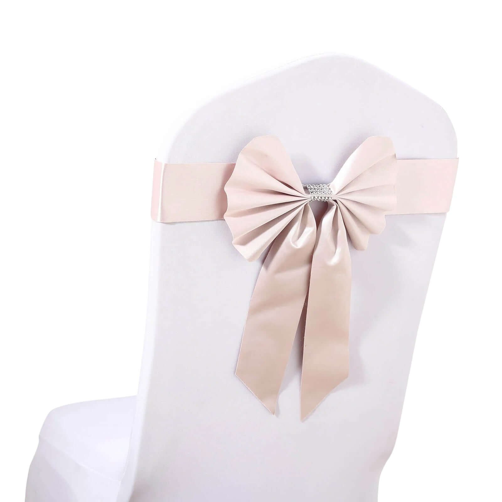 5 Pack Satin Faux Leather Chair Sashes Blush - Durable Double Sided Pre-tied Bow Tie Chair Bands with Diamond Rhinestone Buckles