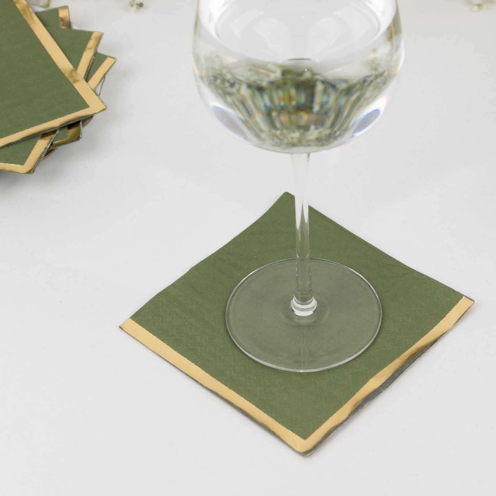 50-Pack Paper Beverage Napkins Olive Green with Gold Foil Edge - 2 Ply Disposable Soft 18GSM Cocktail Napkins 5x5