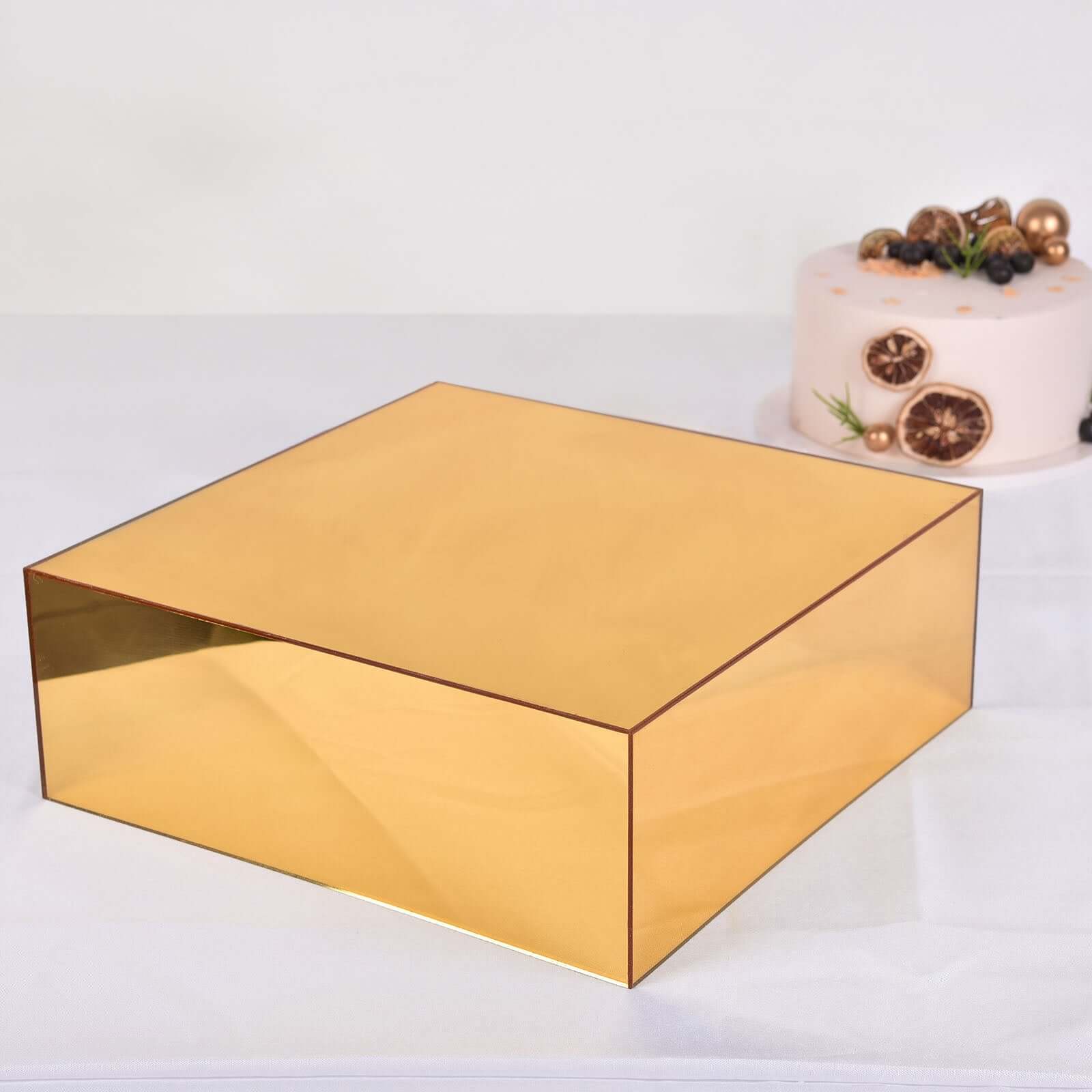 Acrylic Cake Box Stand Pedestal Riser Mirror Finish Gold - Display for Desserts and Events 14x14