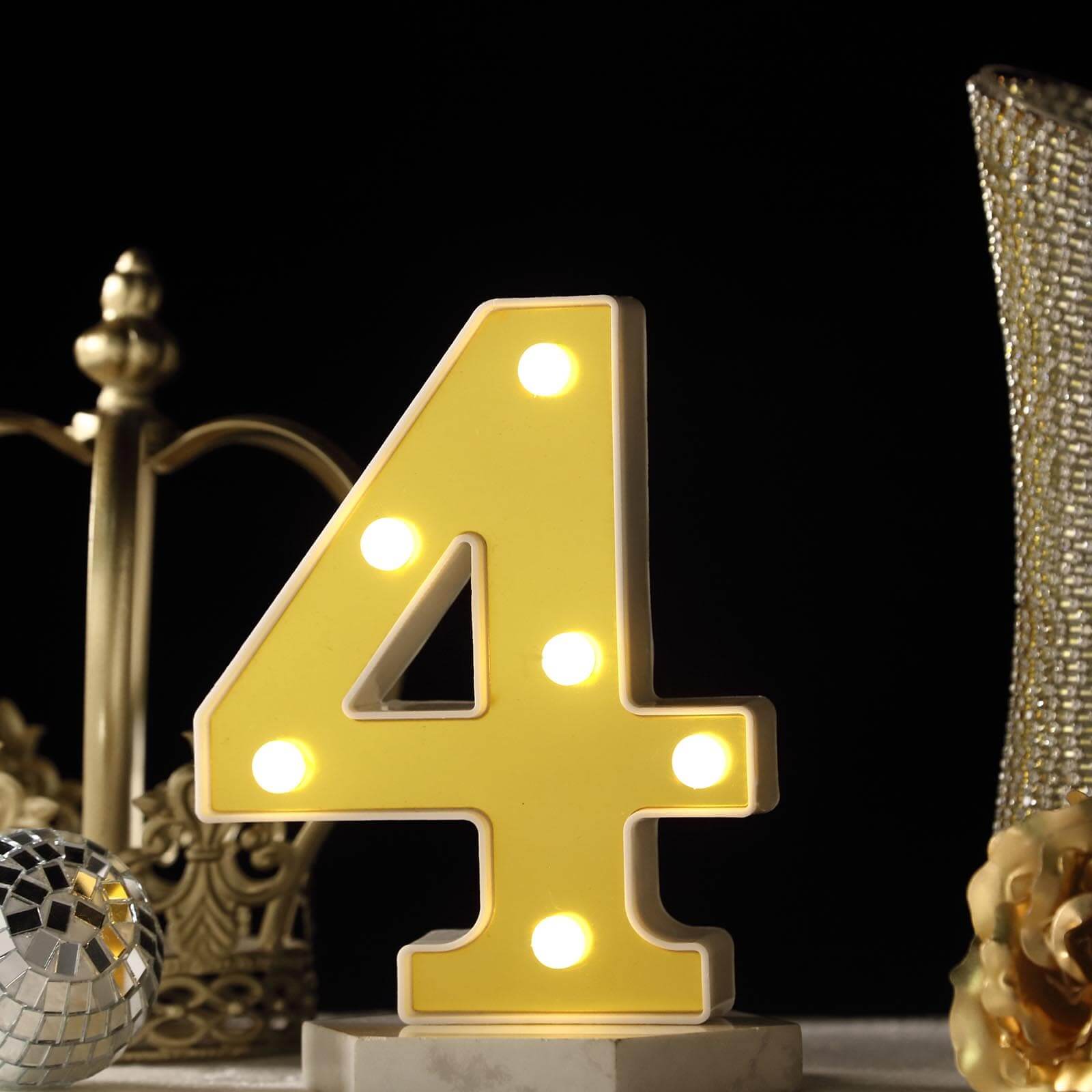 3D Marquee Number 4 Warm White 6 LED Lights Gold - Stylish Light-Up Accent for Events 6