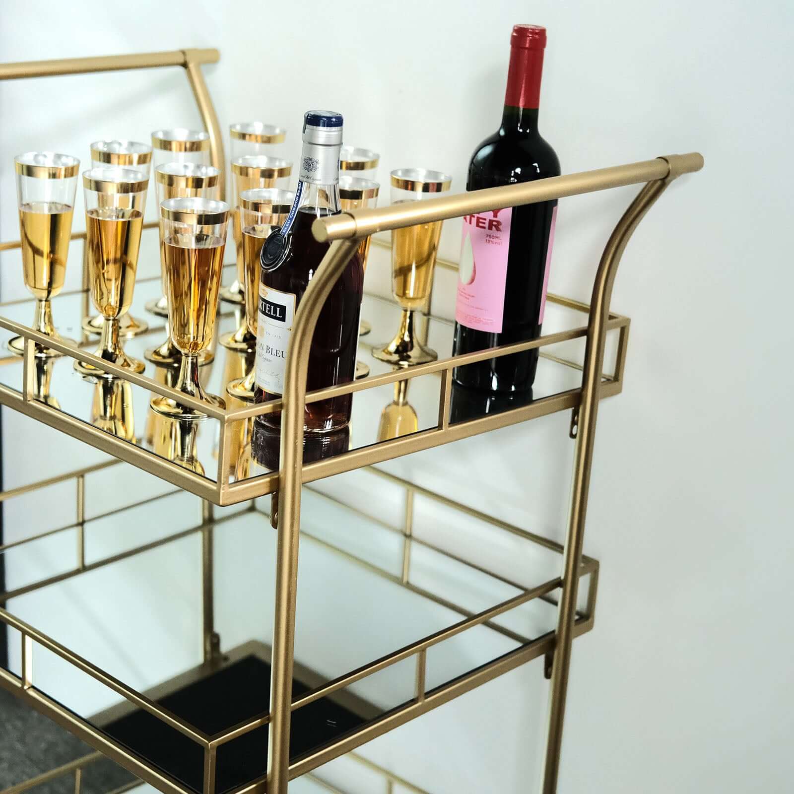 Gold Metal Bar Cart with Mirror Serving Trays 3-Tier - Teacart Island Trolley for Parties 3ft