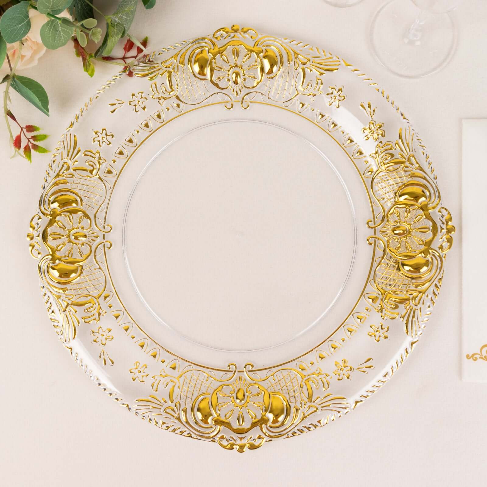 6-Pack Plastic Round Charger Plates 13 in Clear with Gold Florentine Embossed Rim, Exquisite Dinner Serving Plates