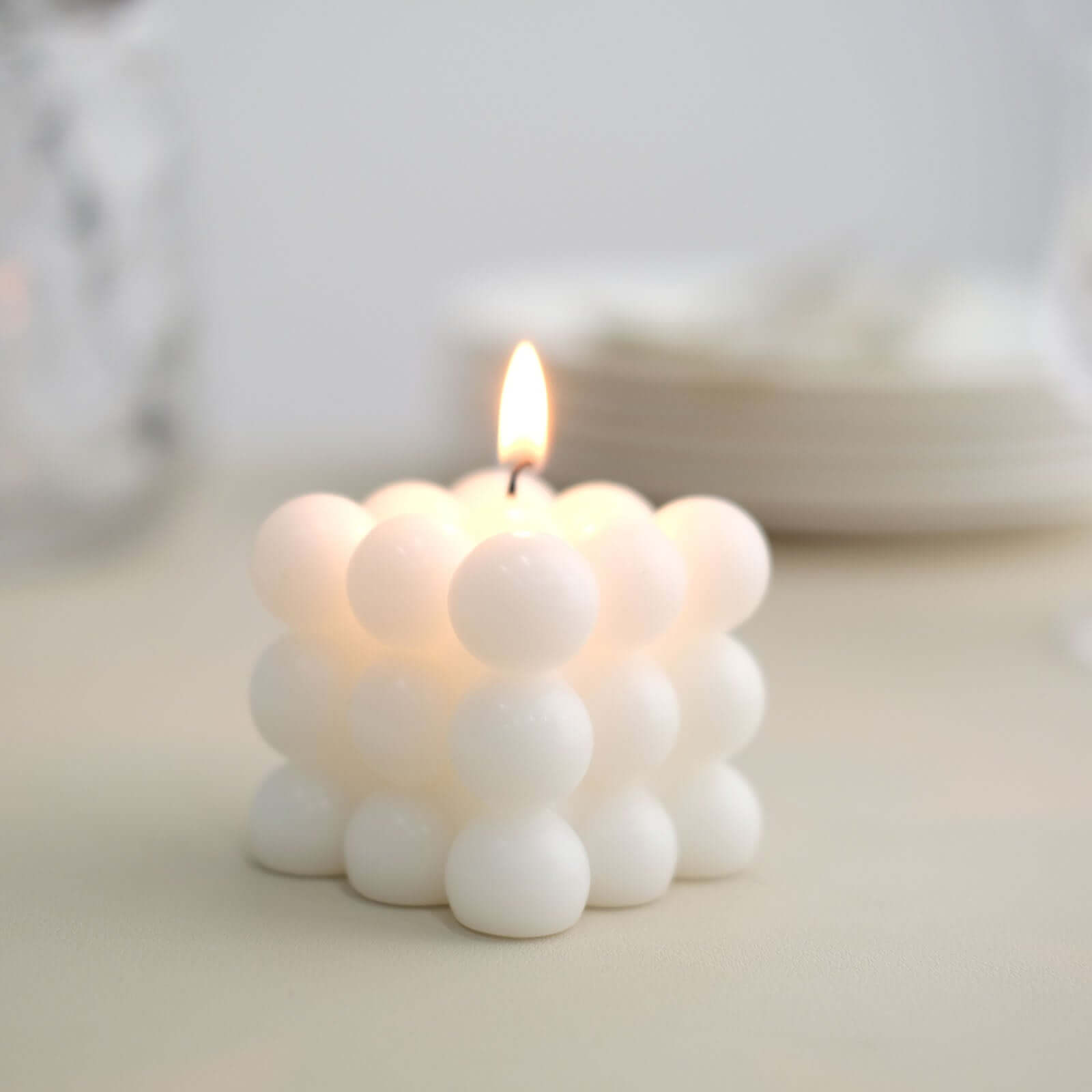 2-Pack Decorative Paraffin Wax Candles Bubble Cube Design White - Unscented Long Burning Pillar Candle Set 2