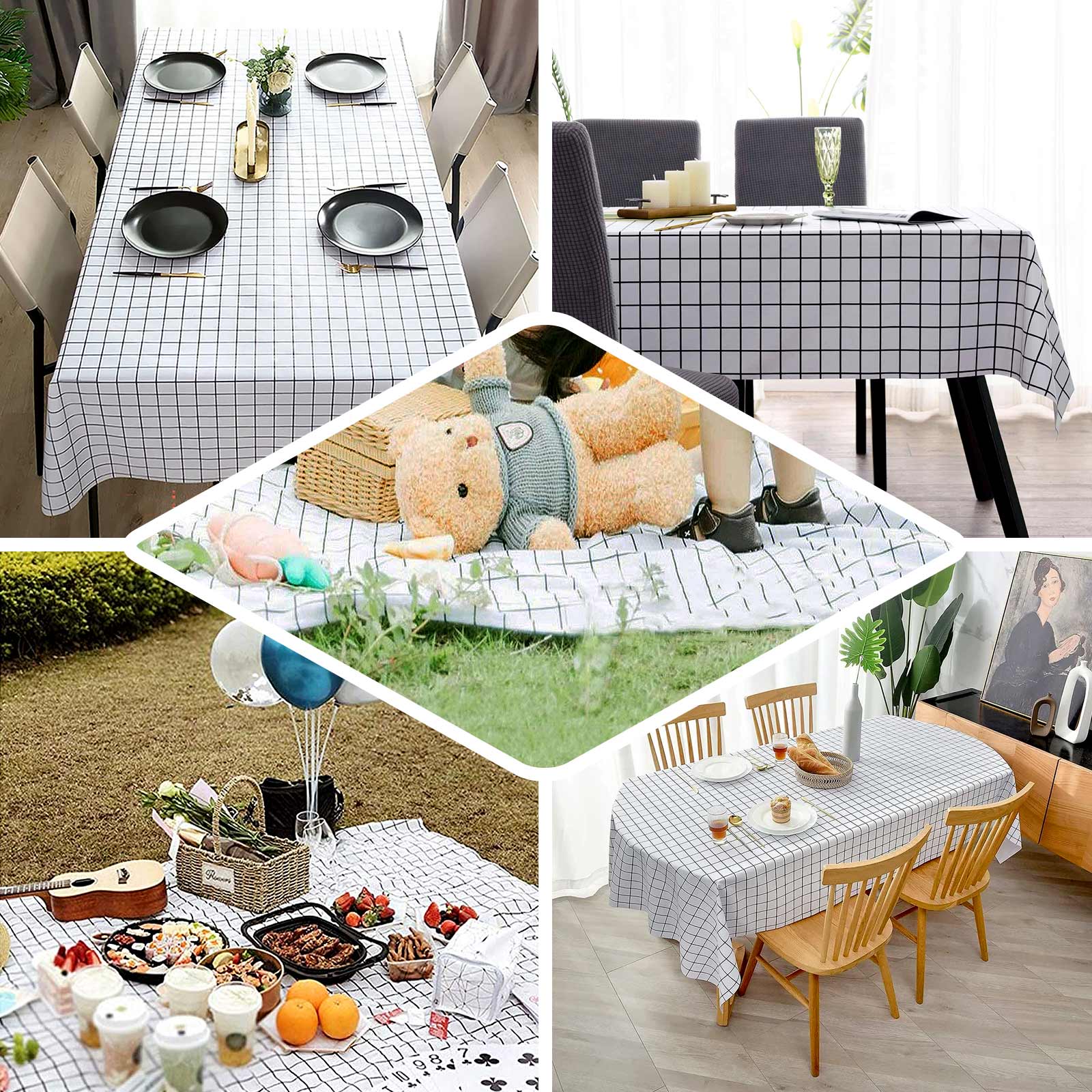 5-Pack Plastic Table Covers Black/White Grid Rectangle - Durable Checkered PVC Disposable Tablecloths 54x108