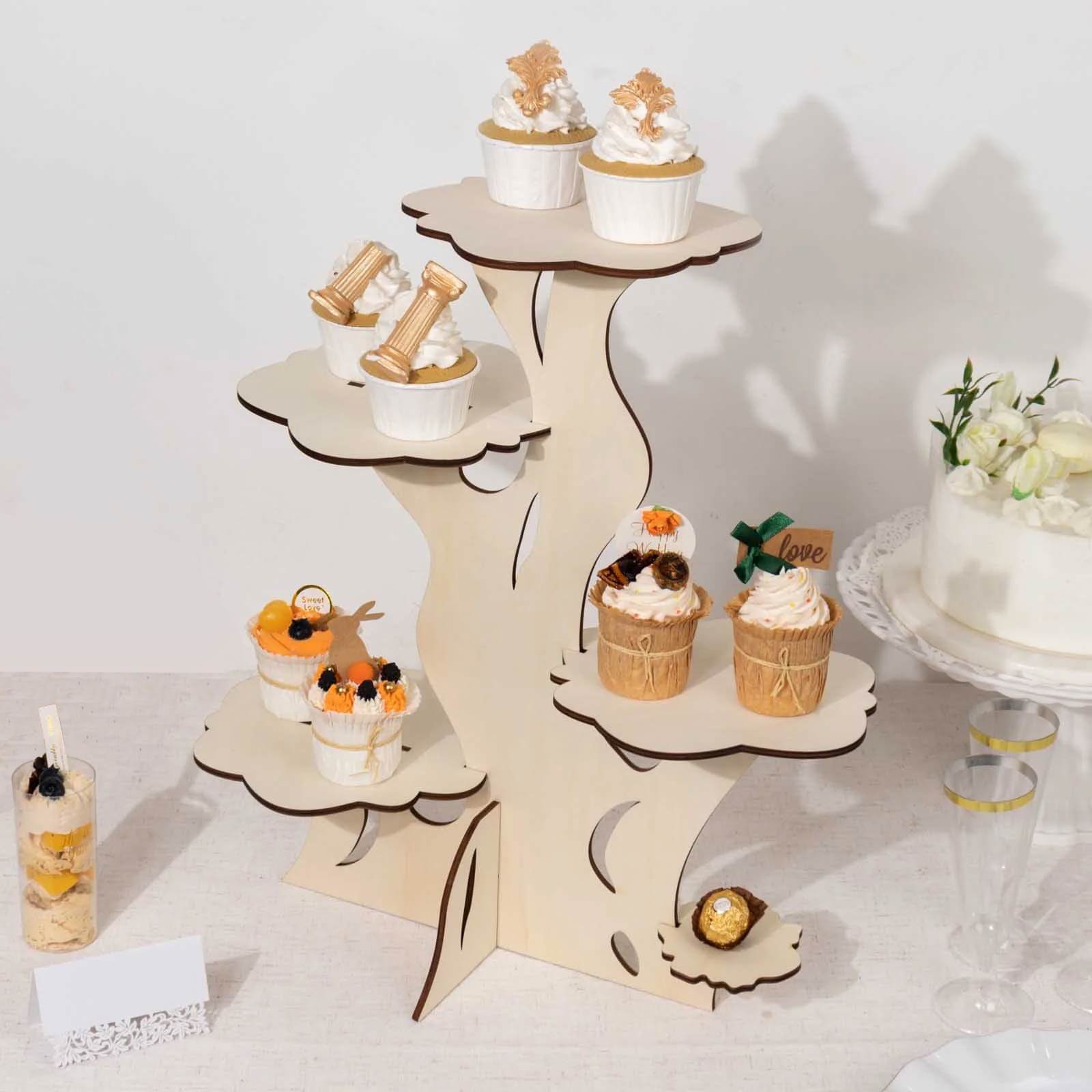 5-Tier Wooden Cake Stand Natural Tree Tower Design with Laser Cut Details - Rustic Cupcake Dessert Display 19 Tall