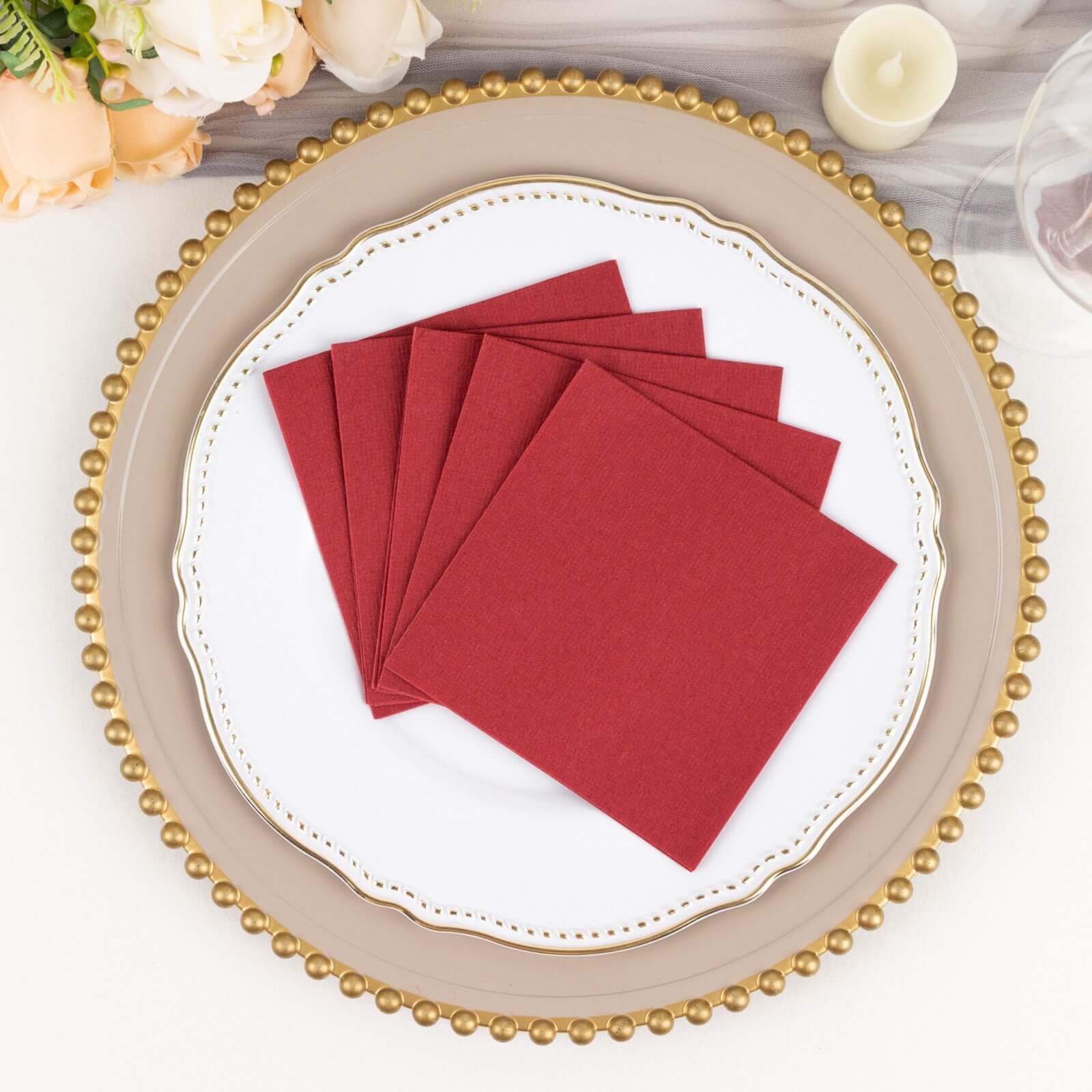 20-Pack Paper Linen-Like Cocktail Napkins Burgundy - Disposable 5x5 Airlaid Soft Napkins