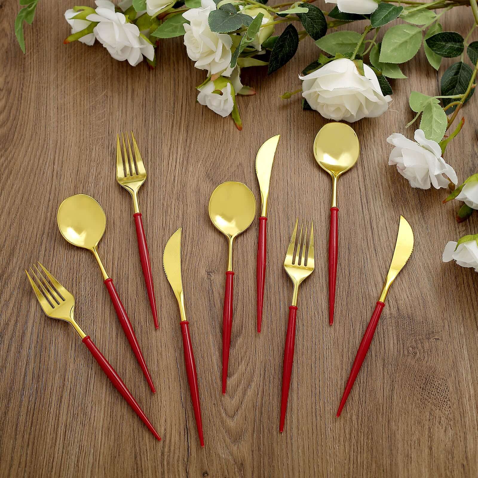 24-Pack Plastic Flatware Set in Metallic Gold with Red Handle - Heavy Duty Disposable Modern Silverware 8