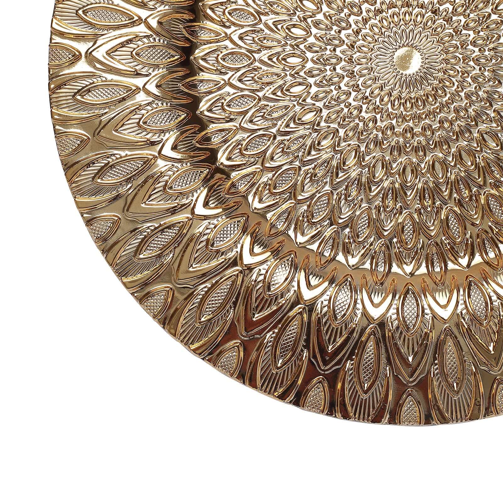 6-Pack Plastic Round Charger Plates 13 in Gold with Embossed Peacock Pattern, Stylish Disposable Charger Tableware