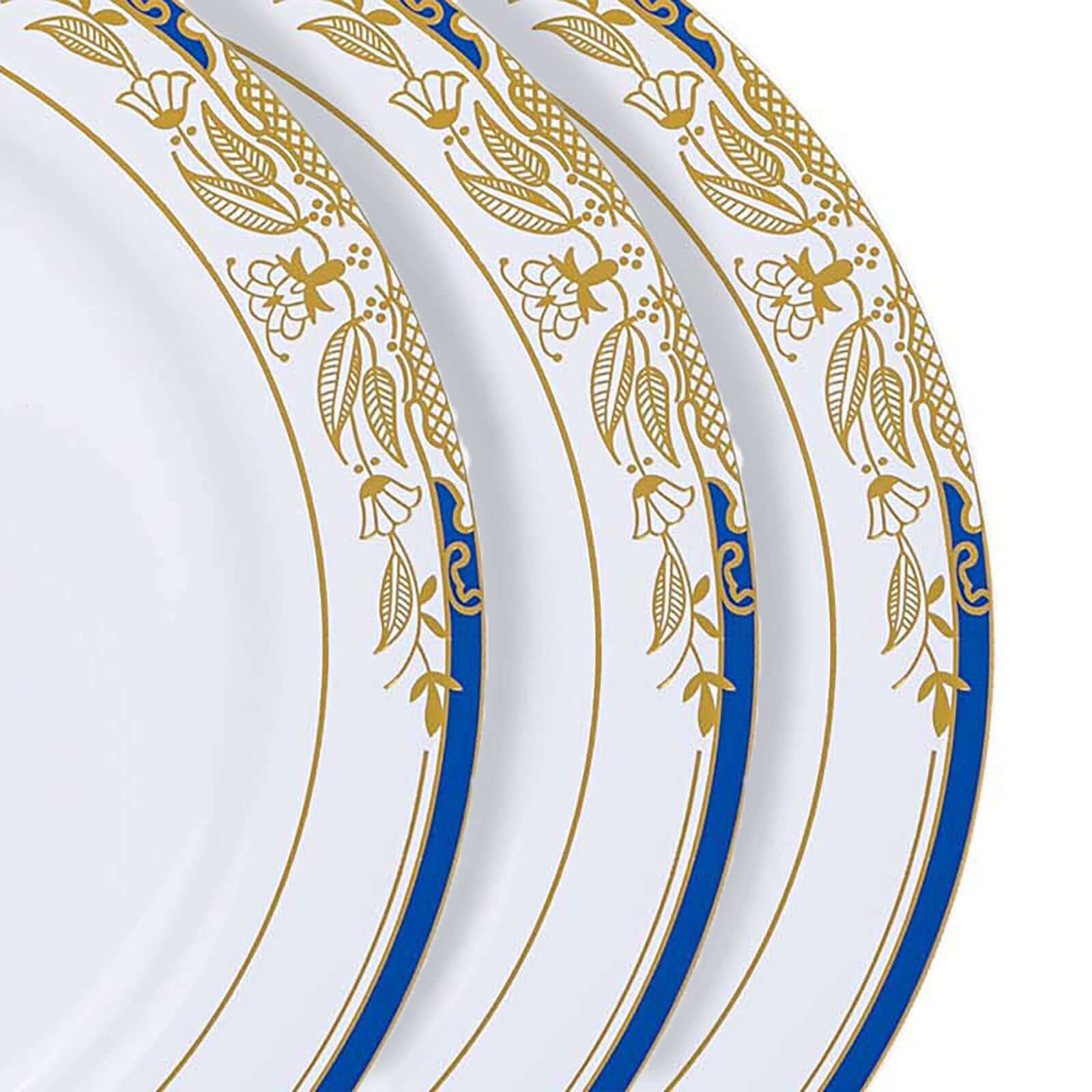 10-Pack Plastic 8 Round Dessert Plates in White with Royal Blue Rim - Stylish Gold Vine Design Disposable Salad/Appetizer Plates for Special Occasions & Celebrations