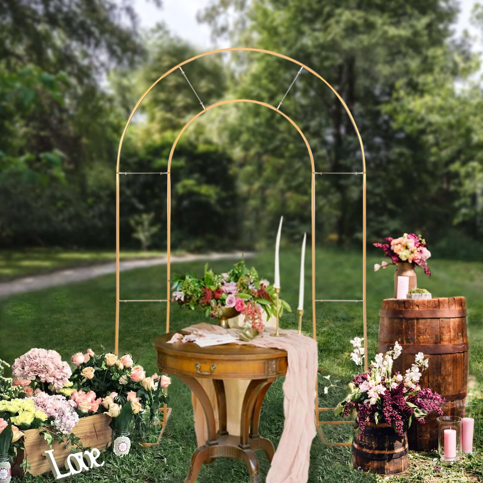 8ft Tall Gold Metal Round Top Double Arch Wedding Arbor Ceremony Stand, Flower Balloon Frame Backdrop Stand