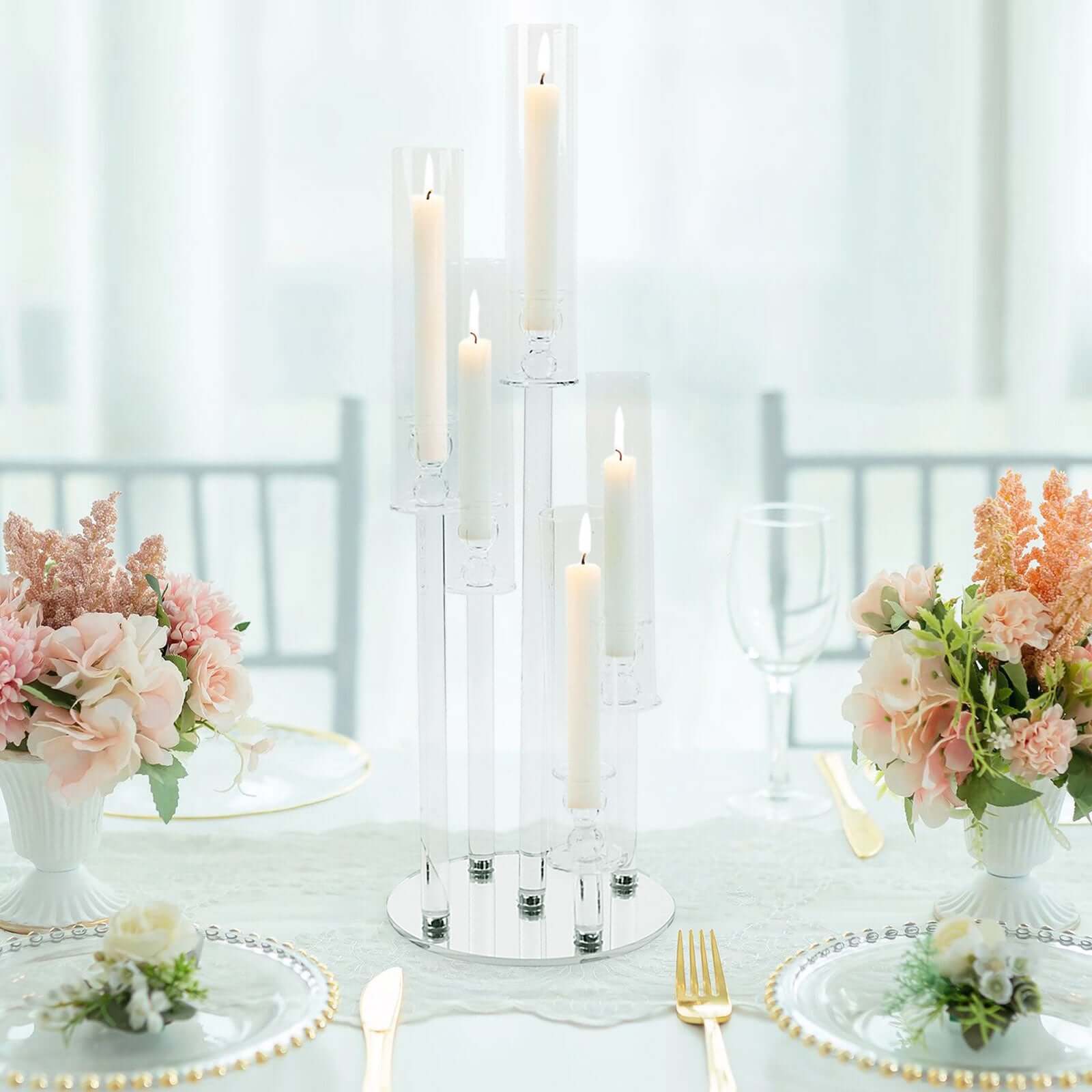 5-Arm Round Crystal Glass Candelabra Clear Taper Design - Chic Candle Holder Table Centerpiece for Weddings & Events 32