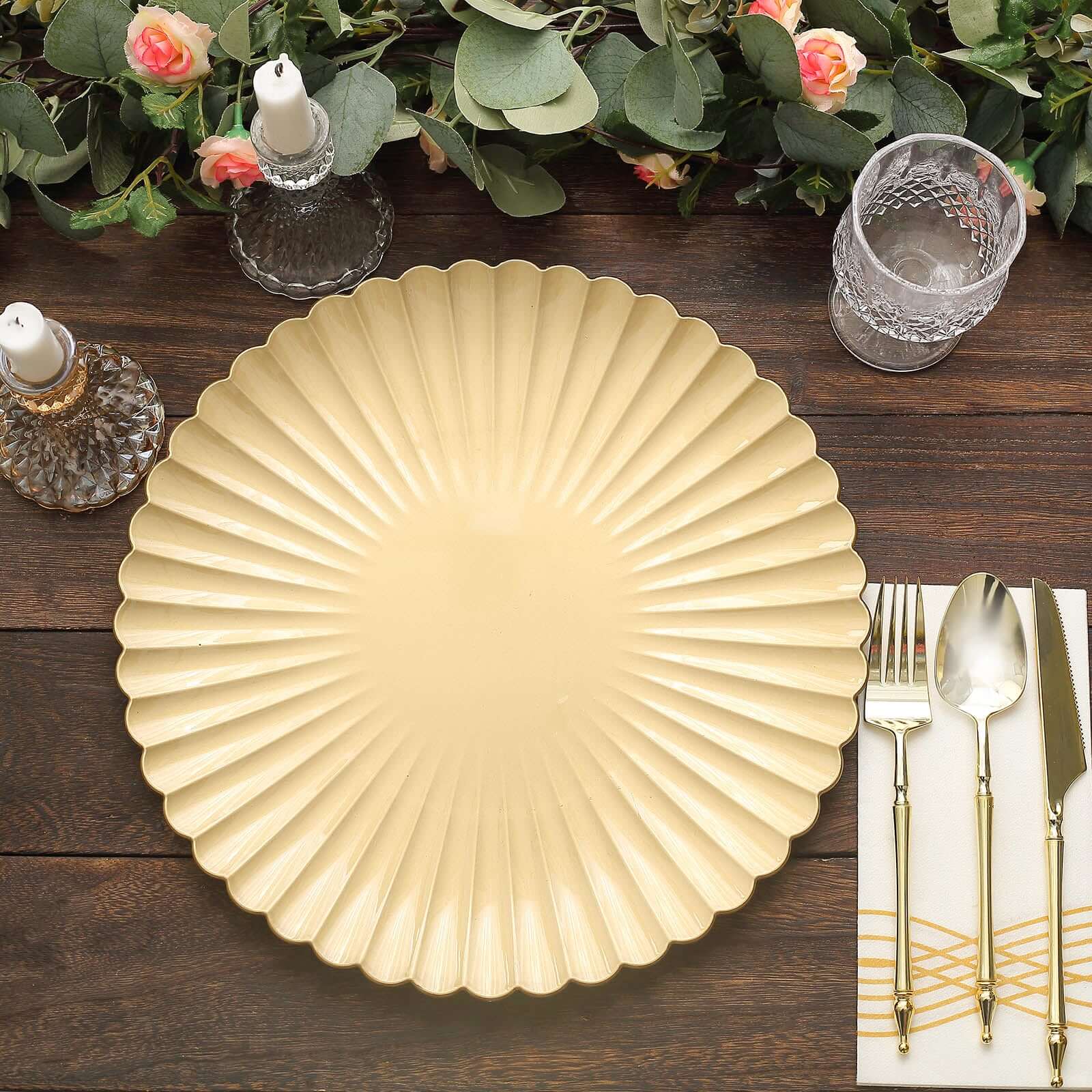 6-Pack Plastic Round Charger Plates 13 in Gold with Scalloped Shell Pattern, Coastal Inspired Disposable Charger Tableware